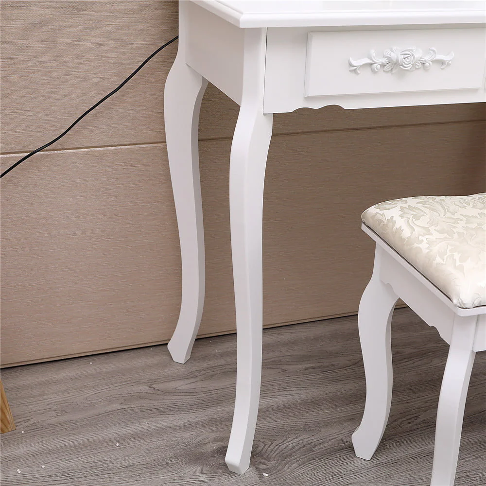 Ktaxon Elegance White Dressing Table Vanity Table and Stool Set Wood Makeup Desk with 4 Drawers & Lighted LED Touch Screen Mirror