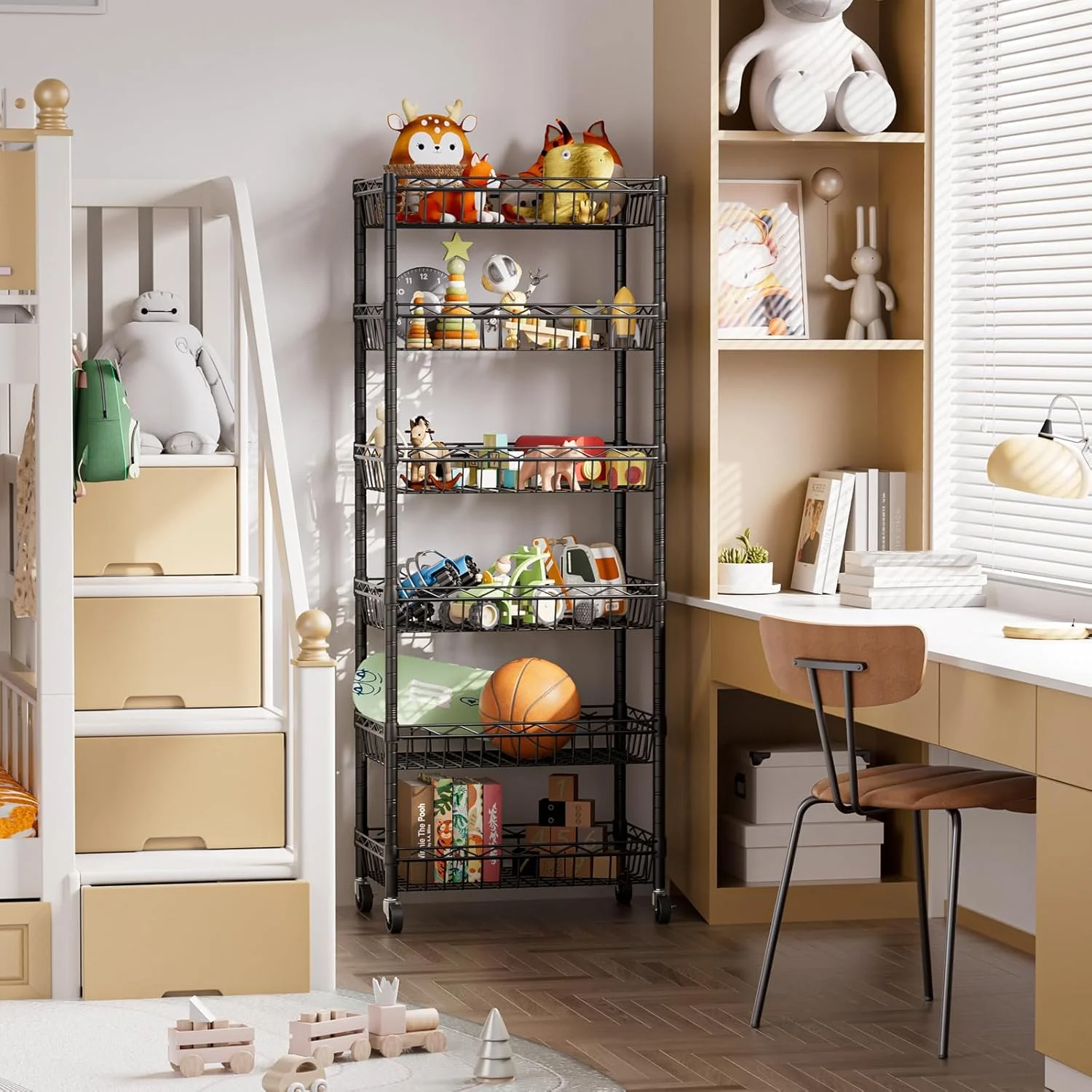 6 Tier Wire Shelving Unit with Wheels Baskets Storage Rack Corner Shelves Adjustable Shelf Closet Bathroom Organizers Metal Pantry Kitchen Garage Laundry Room 13.5