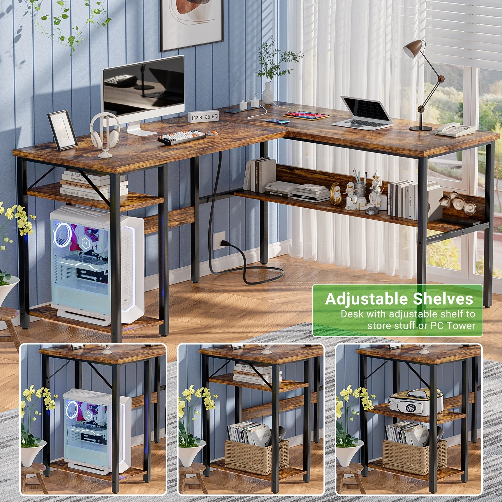 Homieasy Reversible L Shaped Desk with Magic Power Outlets and USB Charging Ports, Sturdy Corner Computer Desk with Storage Shelves, Gaming Table Home Office Desk, Easy to Assemble, Black Oak
