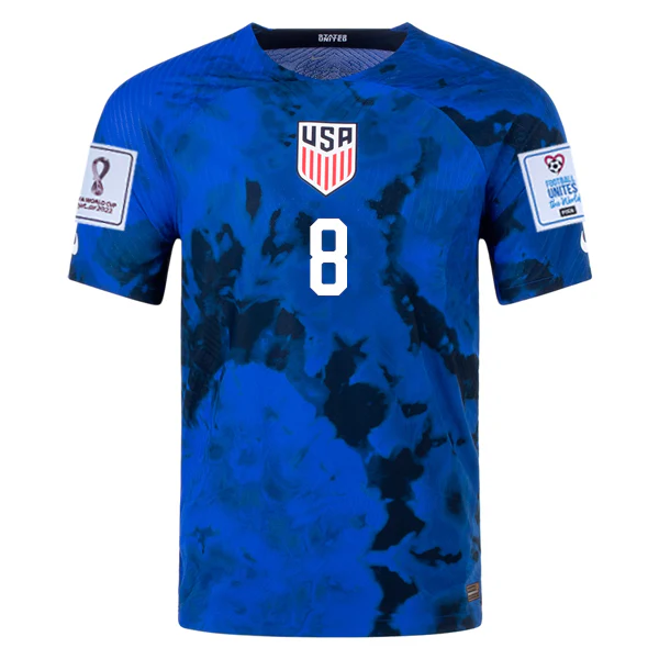 Nike United States Weston McKennie Authentic Match Away Jersey 22/23 w/ World Cup 2022 Patches (Bright Blue/White)