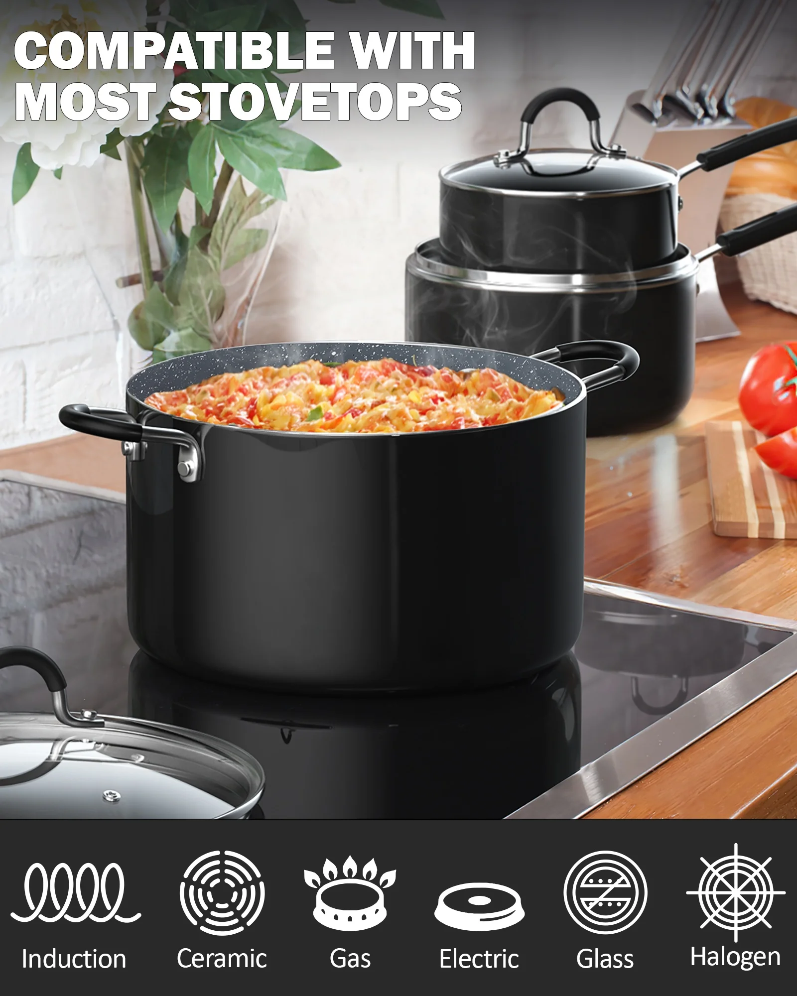 Cook N Home 8-Piece Nonstick Cookware Set, Heavy Gauge Pots and Pans Set, Kitchen Induction Cooking Pots with Silicone Handles, Mable