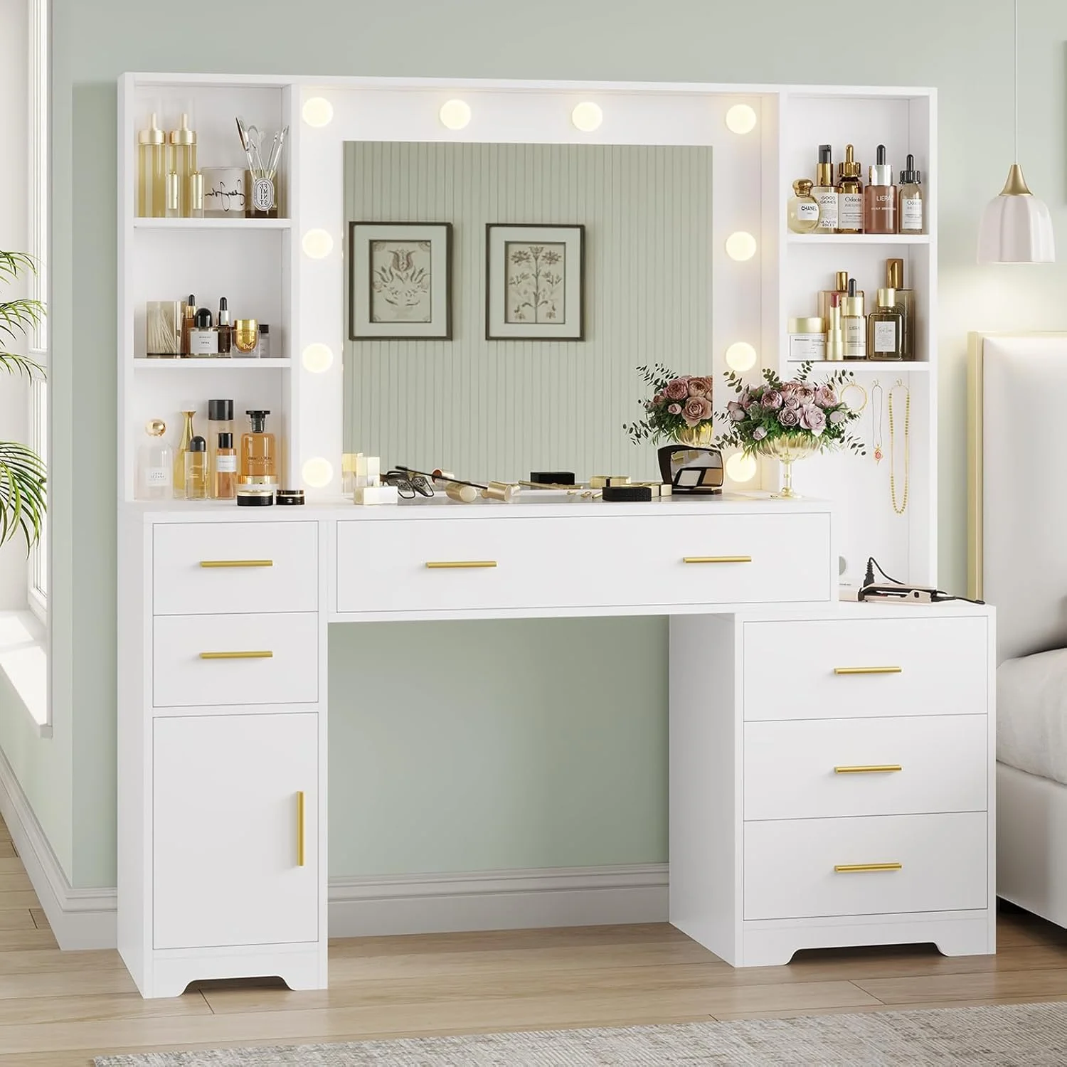 Makeup Vanity Desk with Lighted Mirror & Charging Stations & 6 Drawers Large Vanity Table Bedroom Dressing Table with Glass Tabletop&Side Cabinet&Glass Tabletop, Black