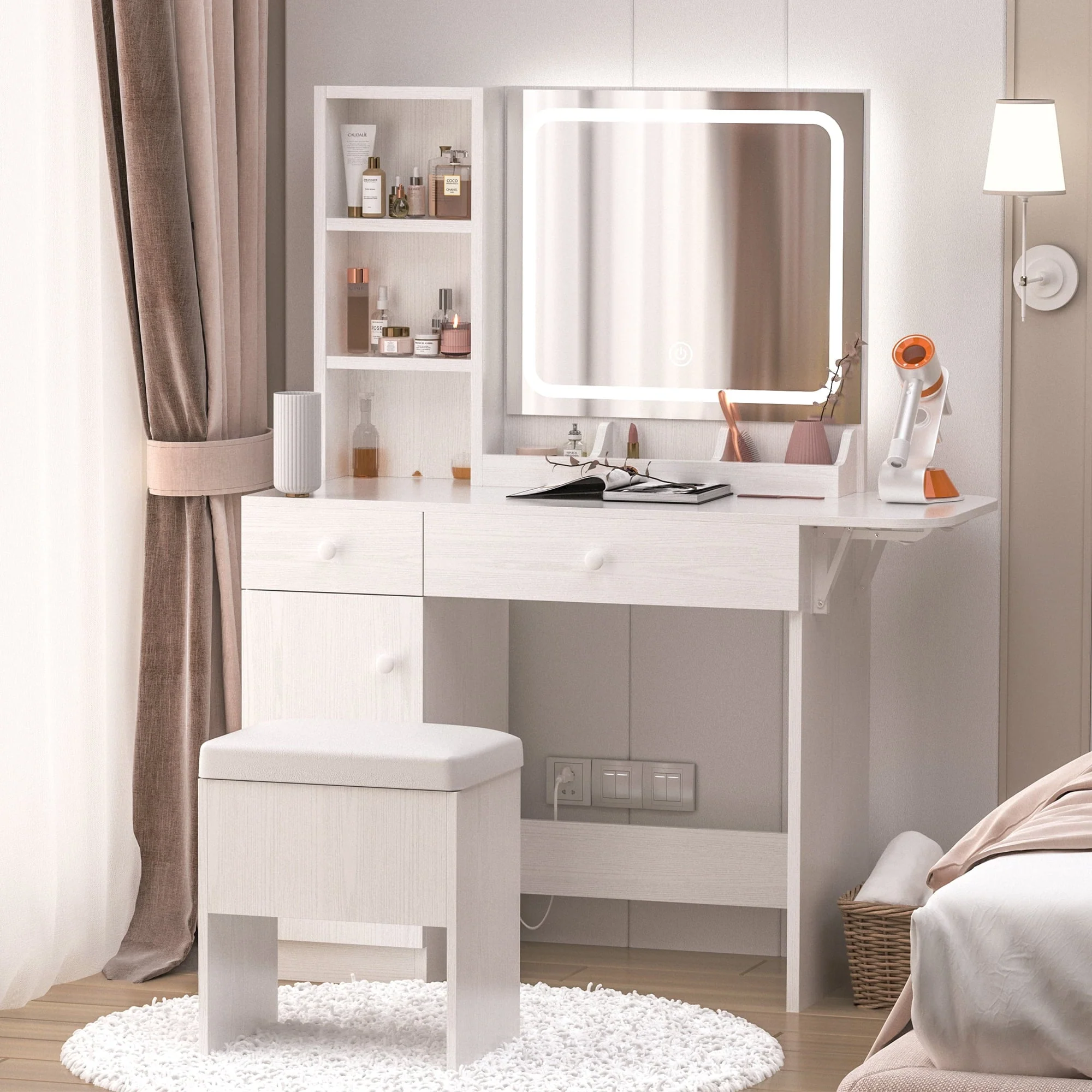 IRONCK Vanity Desk with LED Lighted Mirror & Power Outlet, Makeup Table with Drawers & Cabinet,Storage Stool,for Bedroom, White