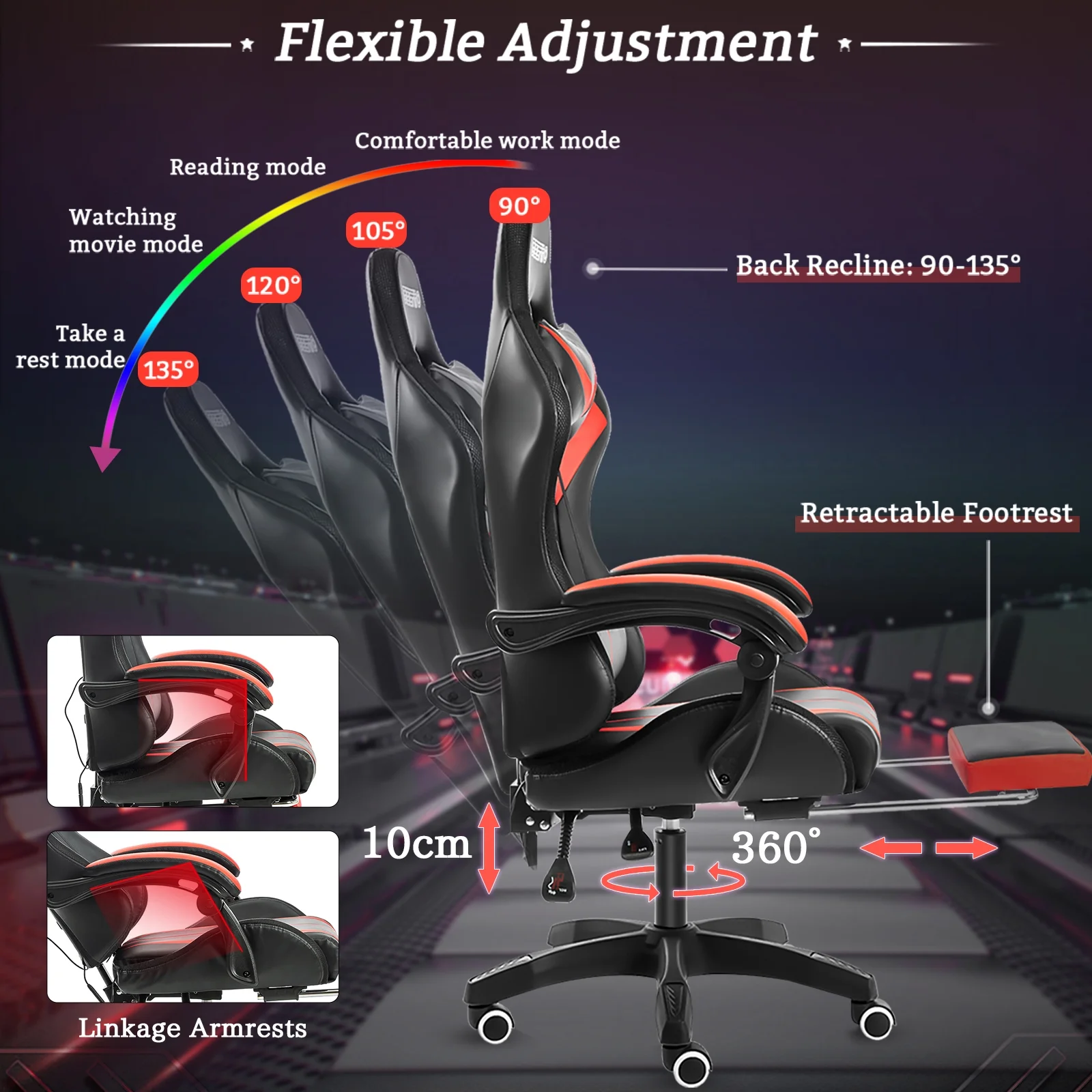 Hoffree Gaming Chair with Massage PU Leather Office Chair with Footrest and LED Light Ergonomic Gamer Chair Lumbar Support Adjustable Headrest High Back Computer Desk Chair for Home Office