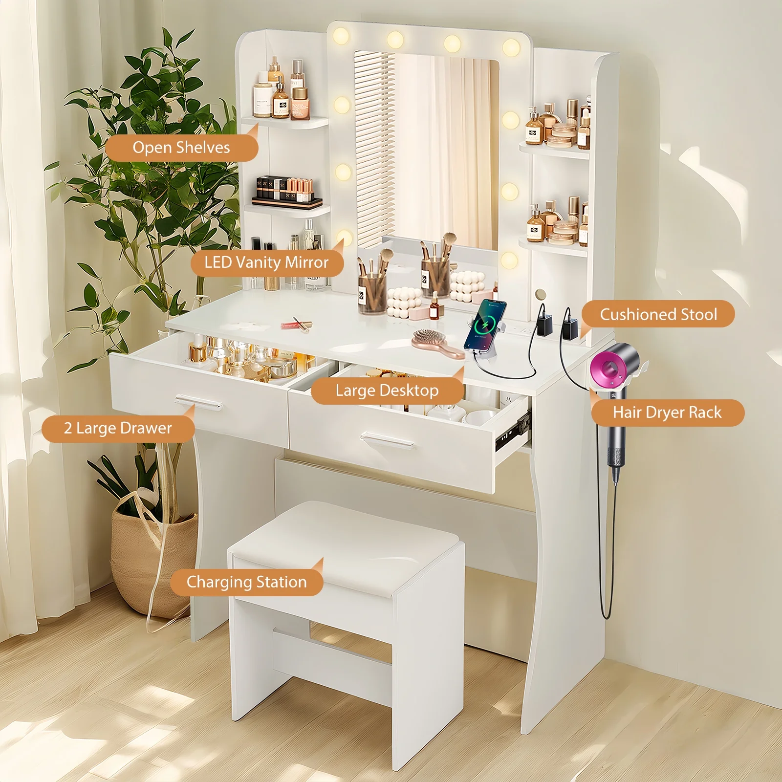 Vanity Desk with Mirror and Lights, Makeup Vanity with Drawer & Storage Cabinet, 3 Lighting Modes Adjustable Brightness, Makeup Desk with Open Shelves for Bedroom, Dressing Room, White