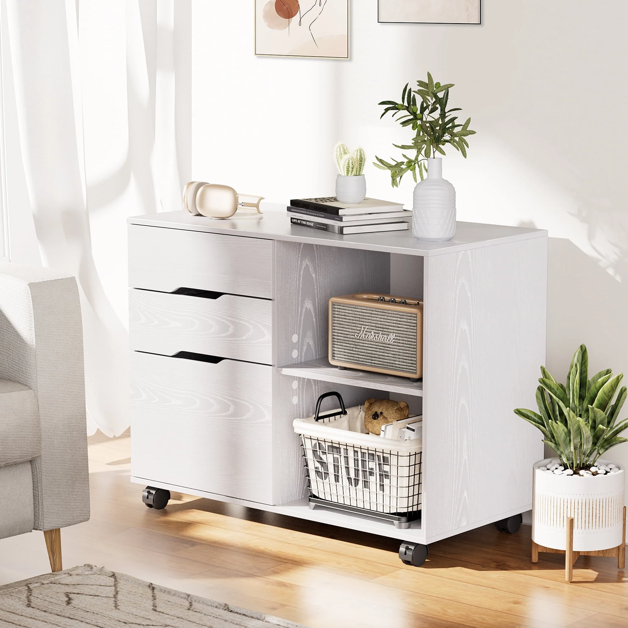 Rolling File Cabinet with Lock, 3-Drawer Wood File Cabinet for Home Office, Fits Legal/Letter/A4 Size, Printer Stand with Wheels and Open Storage Shelf, Black