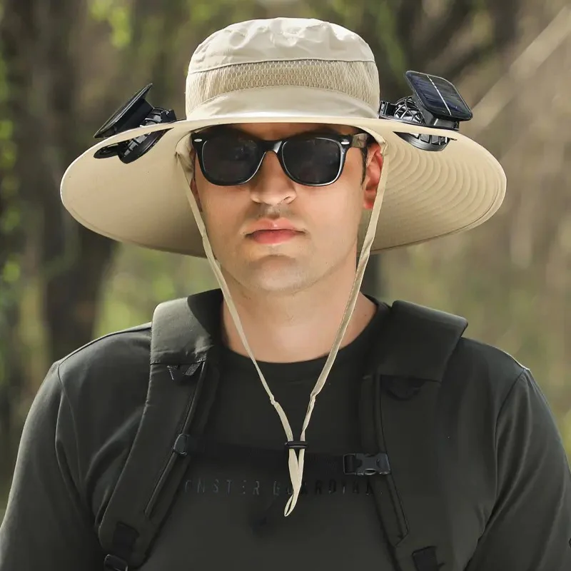 Upf 50+ Solar Cooling Fan Hat, Wide Brim Waterproof Outdoor Sun Hat with Dual Fan
