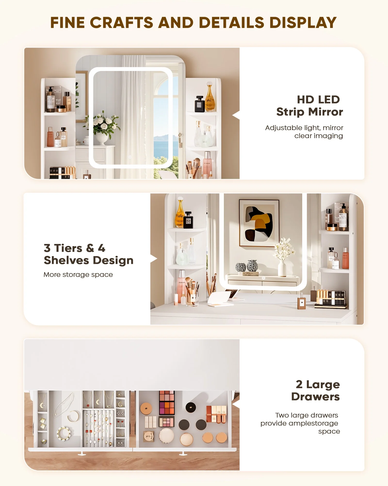 LIVELYGLOW Vanity Desk Set with Square Mirror and Light- Small Vanity Table with Drawers- White