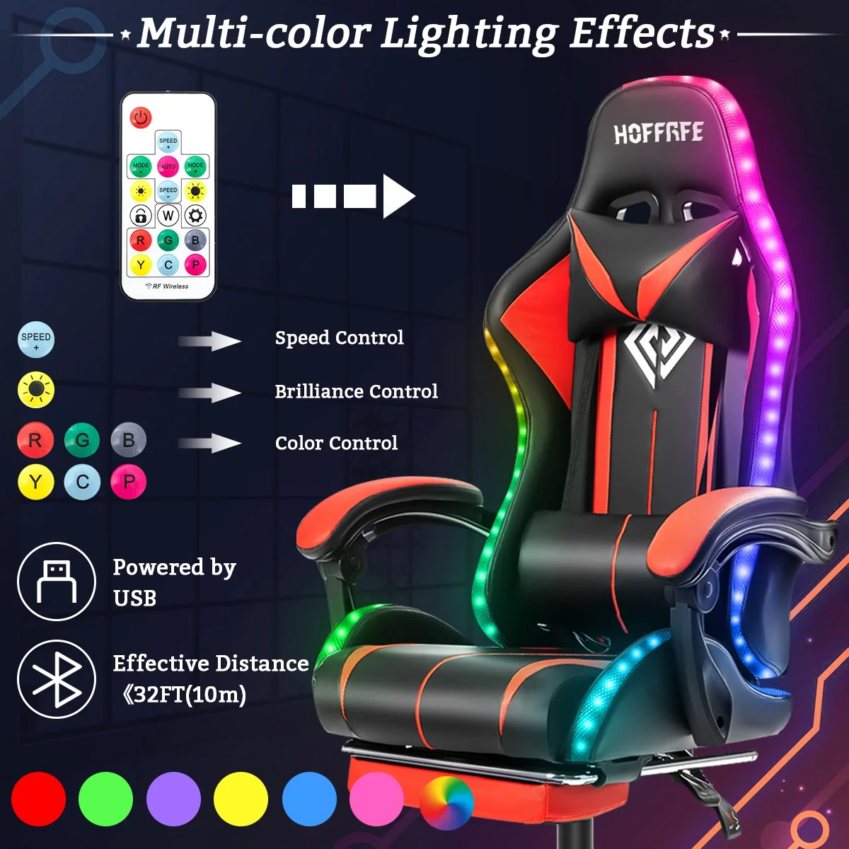 Hoffree Gaming Chair with Massage PU Leather Office Chair with Footrest and LED Light Ergonomic Gamer Chair Lumbar Support Adjustable Headrest High Back Computer Desk Chair for Home Office