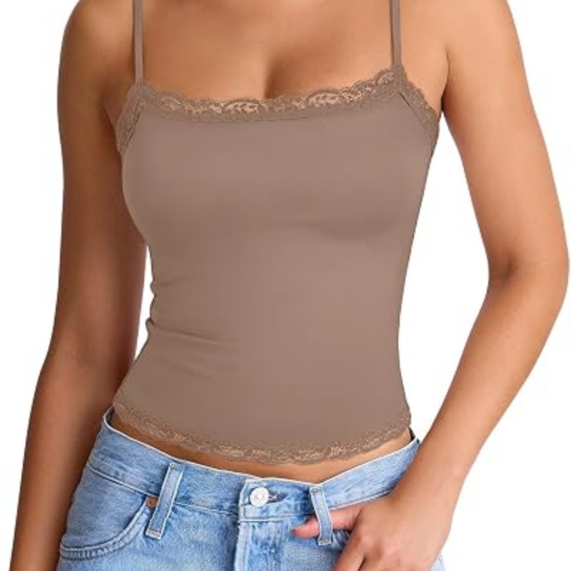 Women's Sexy Square Neck Lace Cami Tank Tops Fitted Double Lined Sleeveless Crop Spaghetti Strap Summer Y2k Tops