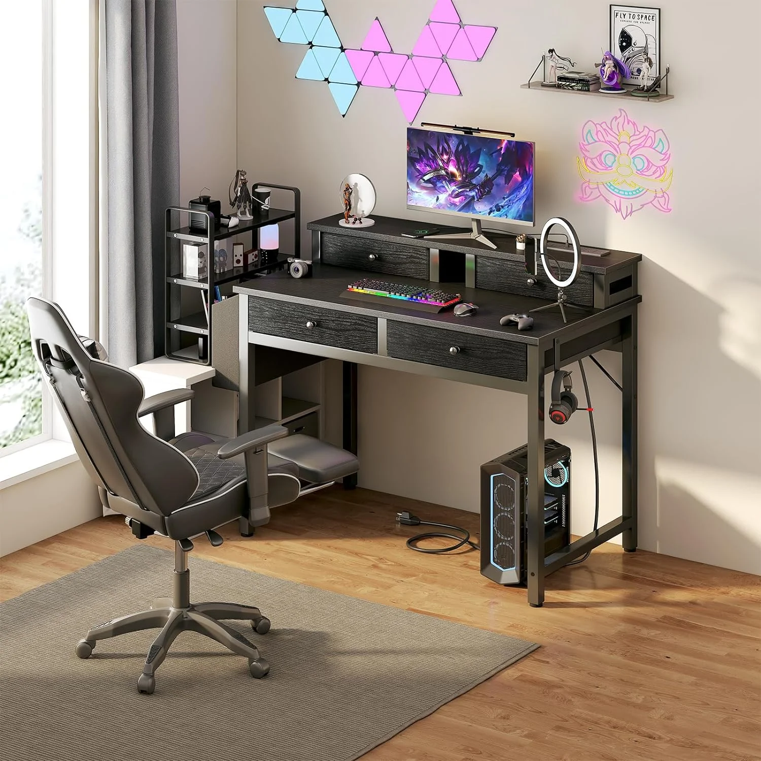 Small Desk with Drawers for Home Office Bedroom, 31 inch Black Writing Study Desks with Fabric Drawers Storage, Gaming Desk Table with Power Outlet & Monitor Stand, Black