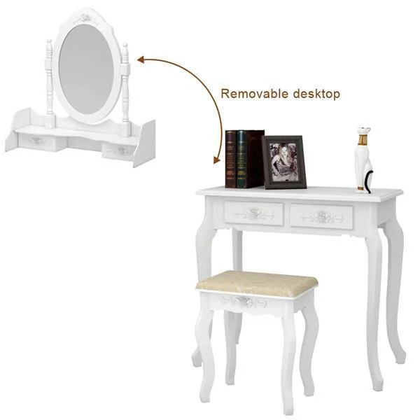 Alvantor Makeup Vanity Desk with Mirror, 4-Drawer Dressing Table with 360�� Rotation Mirror & Stool, White
