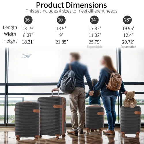 4 Piece Luggage Set Suitcase Set, ABS Hard Shell Lightweight Expandable Travel Luggage with 4 Packing Cubes, TSA Lock, Spinner Wheels for Men Women(16/20/24/28), Black