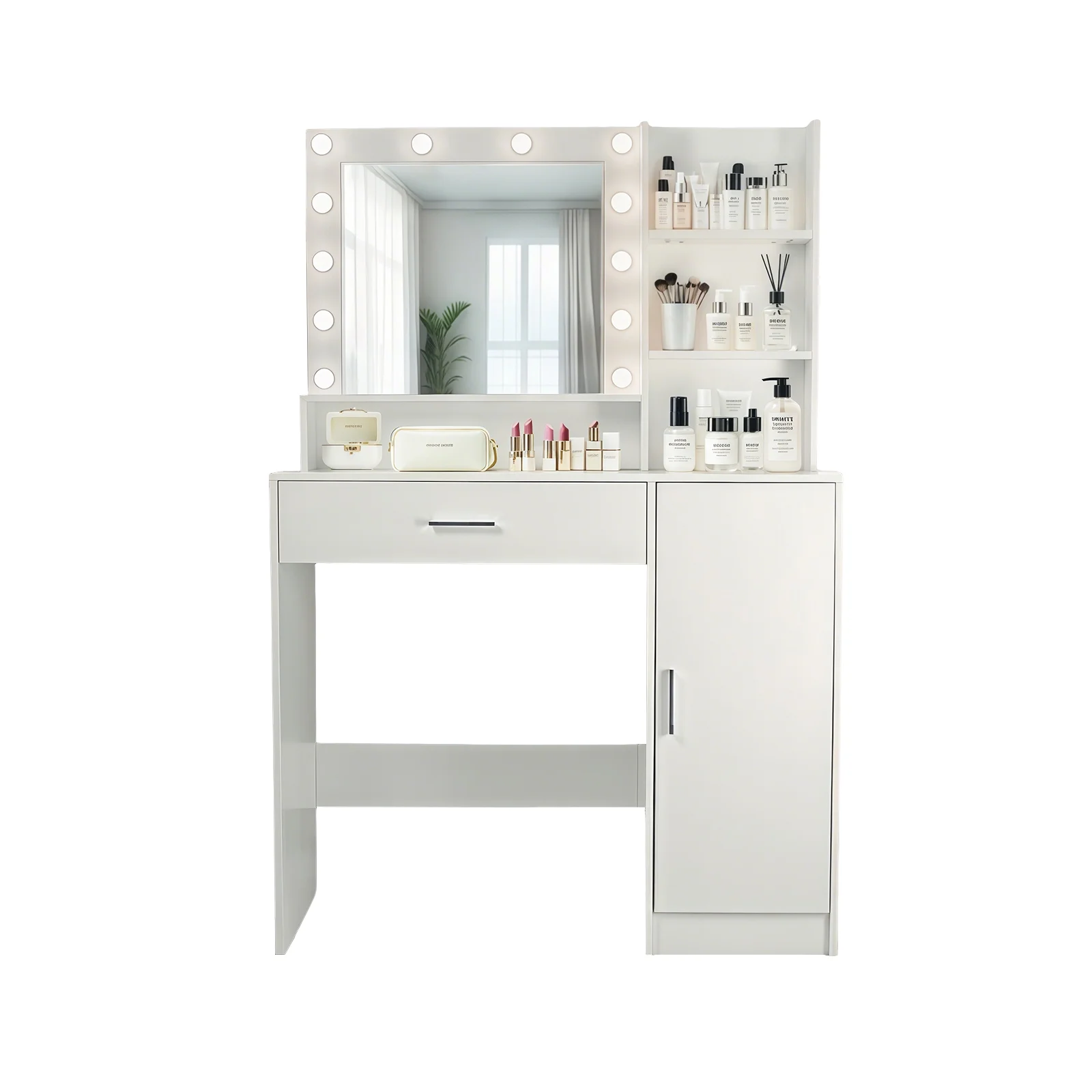 Vanity Desk with Mirror and Lights, Makeup Vanity with Drawer & Storage Cabinet, 3 Lighting Modes Adjustable Brightness, Makeup Desk with Open Shelves for Bedroom, Dressing Room, White