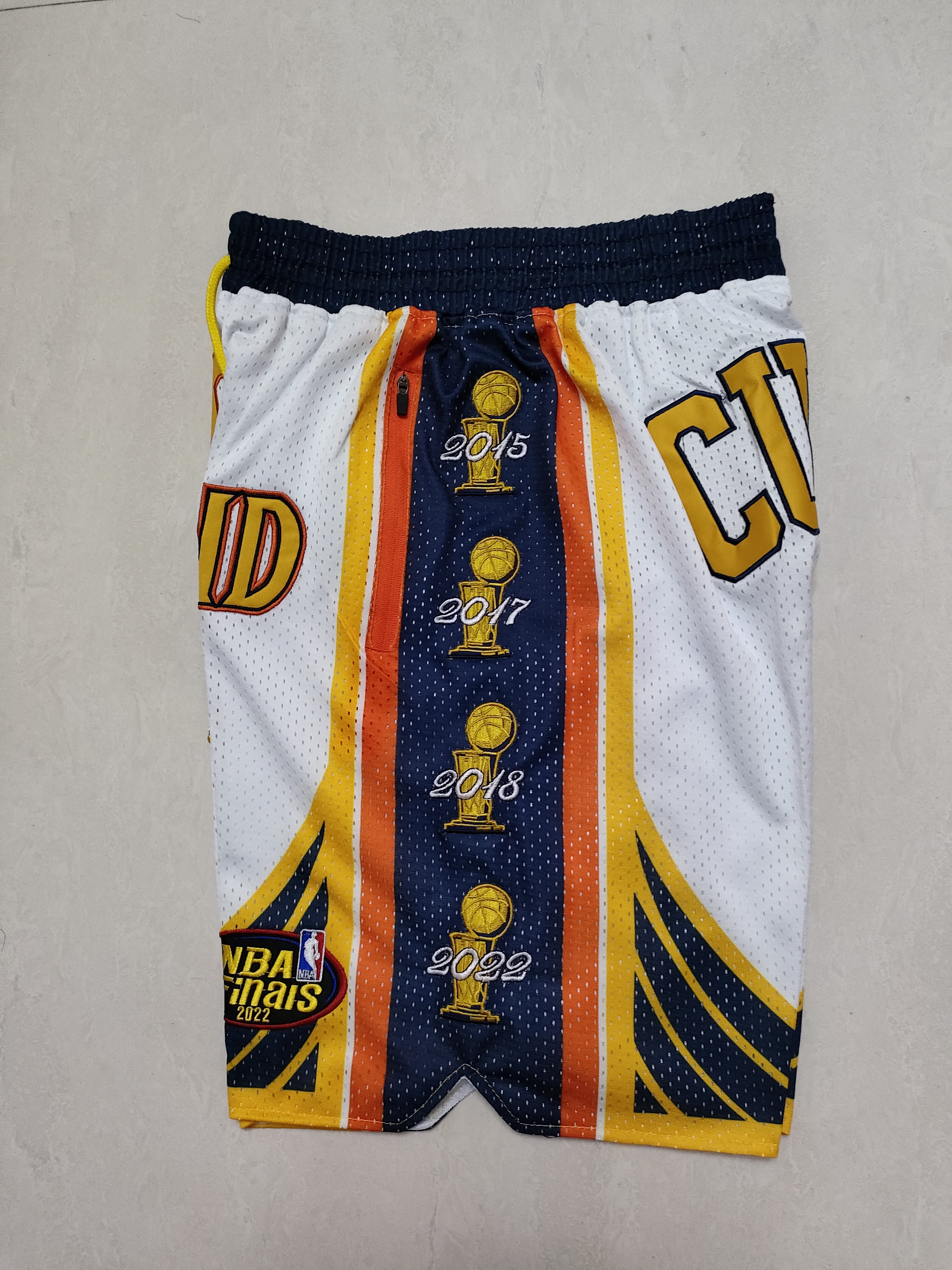 Golden State Warriors White Curry Championship Full Density Embroidered Pocket Shorts