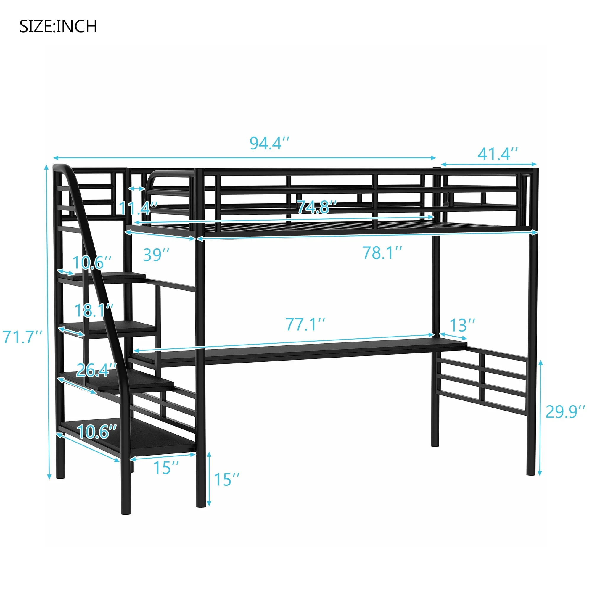 Euroco Metal Twin Size Loft Bed with Desk & Stairways for Child, Black