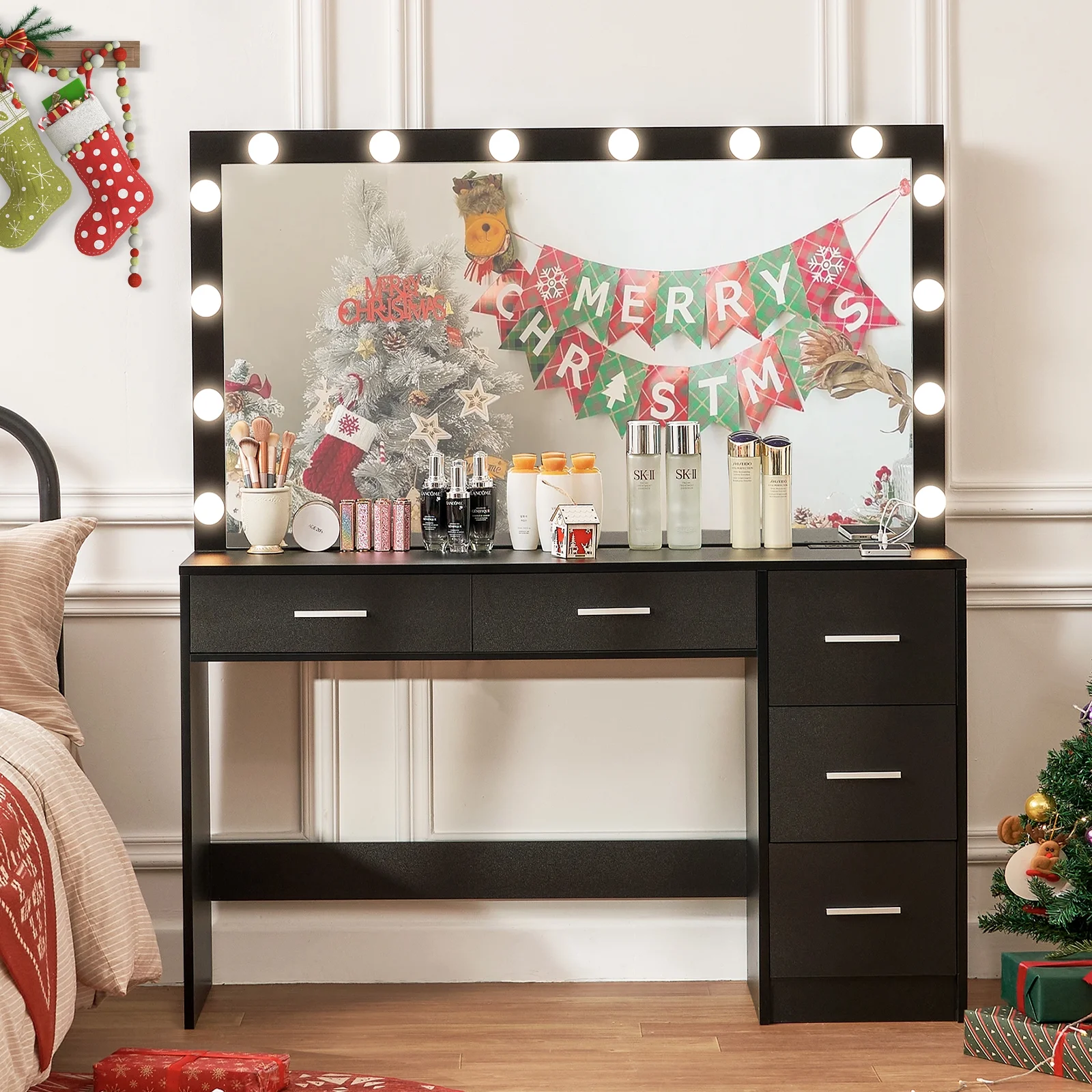 USIKEY Bedroom Adjustable Makeup LED Lights Desk, and Mirror Table Set, White