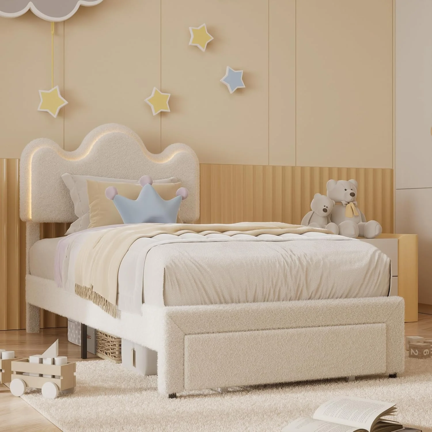 GAOMON Twin Size Bed Frame, Boucle Upholstered Platform Bed Frame with Adjustable Headboard, Teddy Fleece, Soft Rounded Corners, No Box Spring Required, Noise Free��Easy Assembly��White