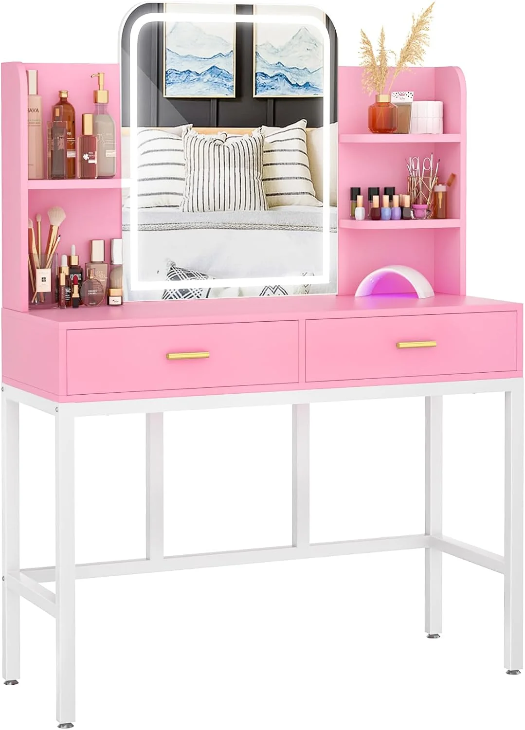 iSunirm Vanity Desk with Mirror and Lights, Makeup Vanity with 2 Drawers, Vanity Table Set with 3 Color Adjustable Lighting Options, Modern Dressing Table with Shelf, for Bedroom, Pink