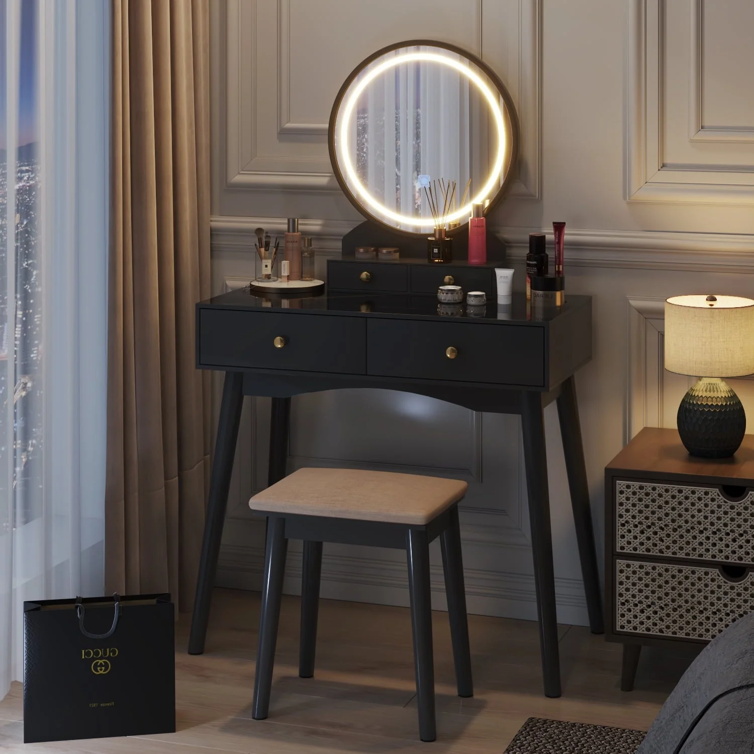 Furmax Vanity Table with Lighted Mirror, Vanity Desk with Stool, Dressing Table with 4 Drawers, Makeup Vanity Set, Black Finish, for Bedroom