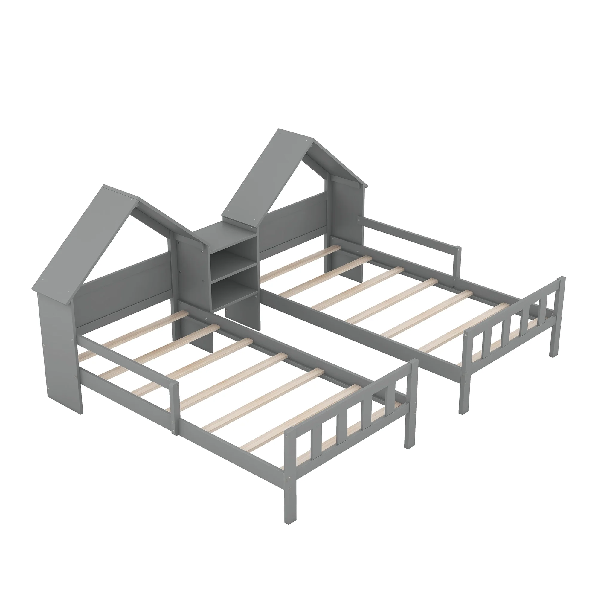 Euroco Twin Size Wood House Platform Bed, Two Beds in One with Desk and Shelf, 2 Platform Beds for More Kids Teens, Gray