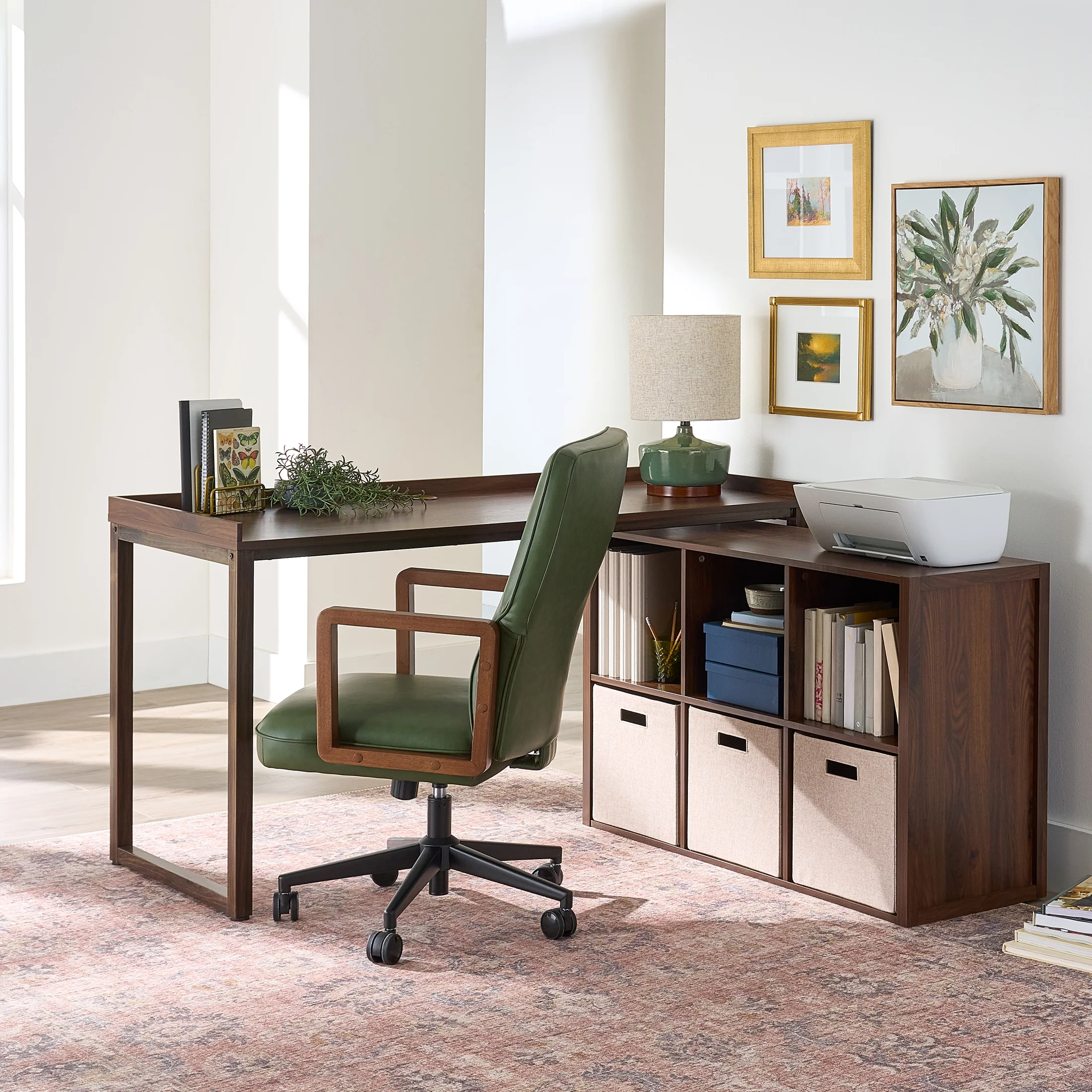 Better Homes & Gardens Ezra Modular L Desk with 6-Cube Storage, Walnut Finish