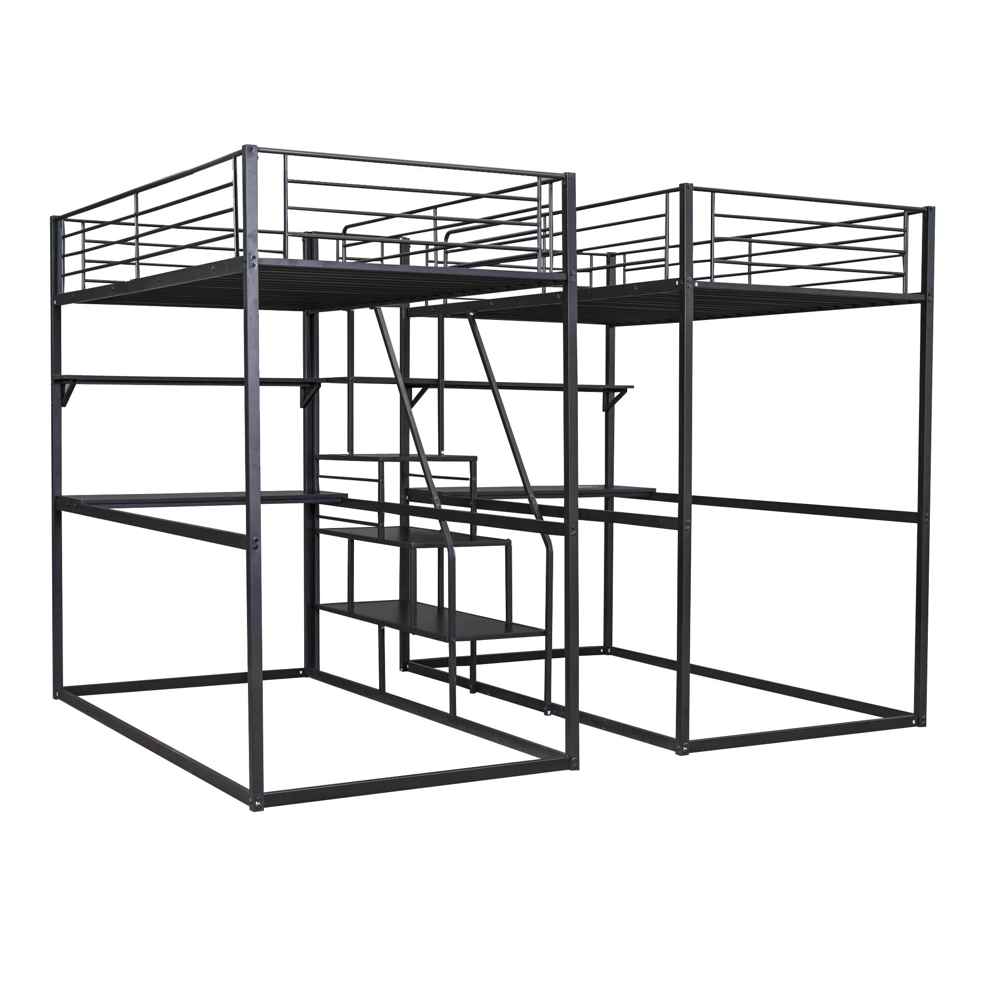 DreamBuck Double Twin over Twin Metal Bunk Bed with Desk, Shelves, and Storage Staircase, Black
