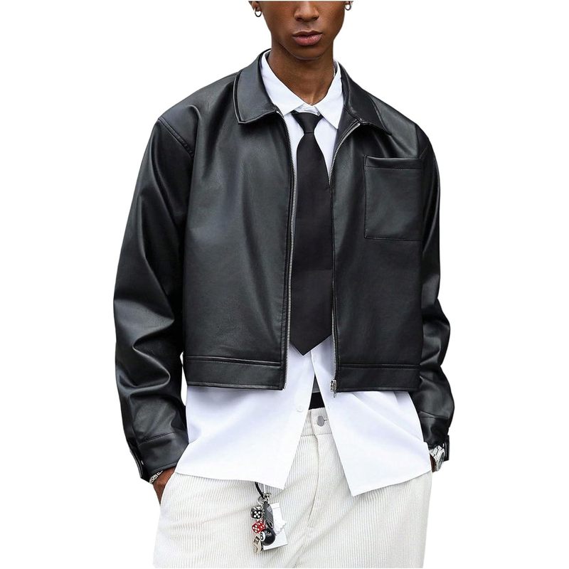 Men's Faux Leather Jacket Long Sleeve Zip Up Collared
