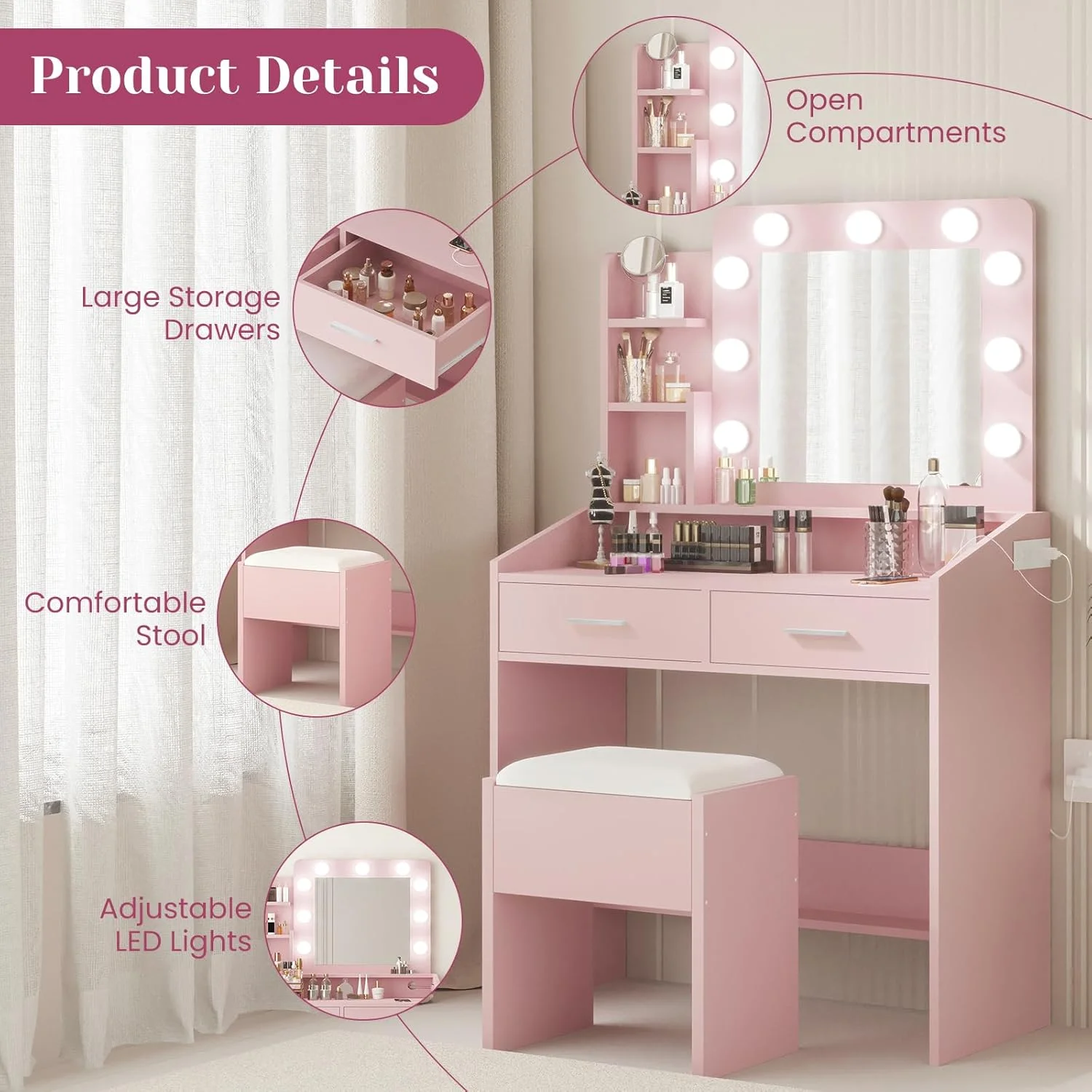 OYang Makeup Vanity with Lights, Vanity Desk with Mirror and Lights Set, Large Drawer and Two-Tier Lots Storage Cabinet, 3 Lighting Modes Adjustable Brightness