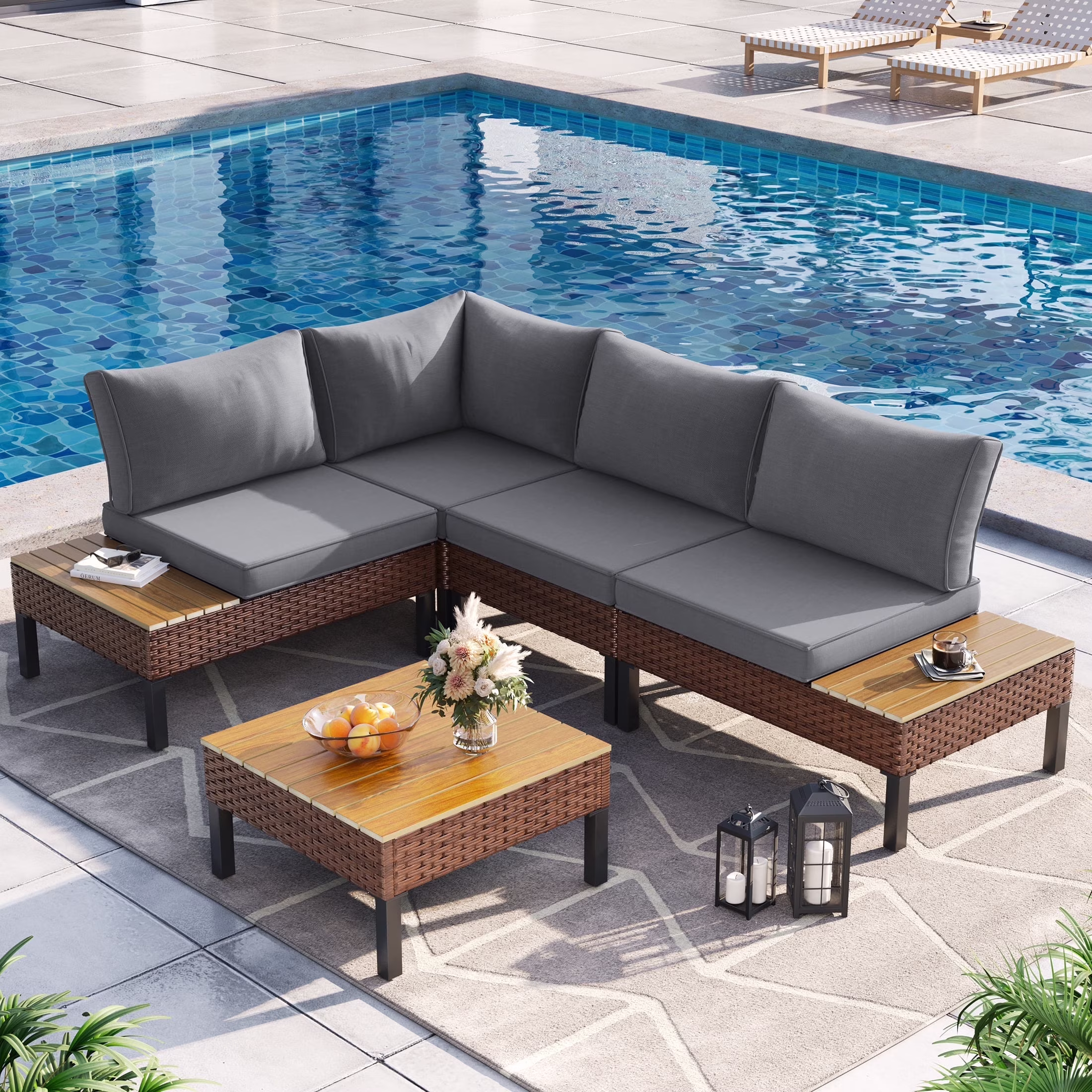 Poteban 5-piece Rattan Outdoor Patio Sofa Set,L-Shaped Sectional Sofa Couch with Coffee Table for Backyard,Lawn,Garden,Navy Blue