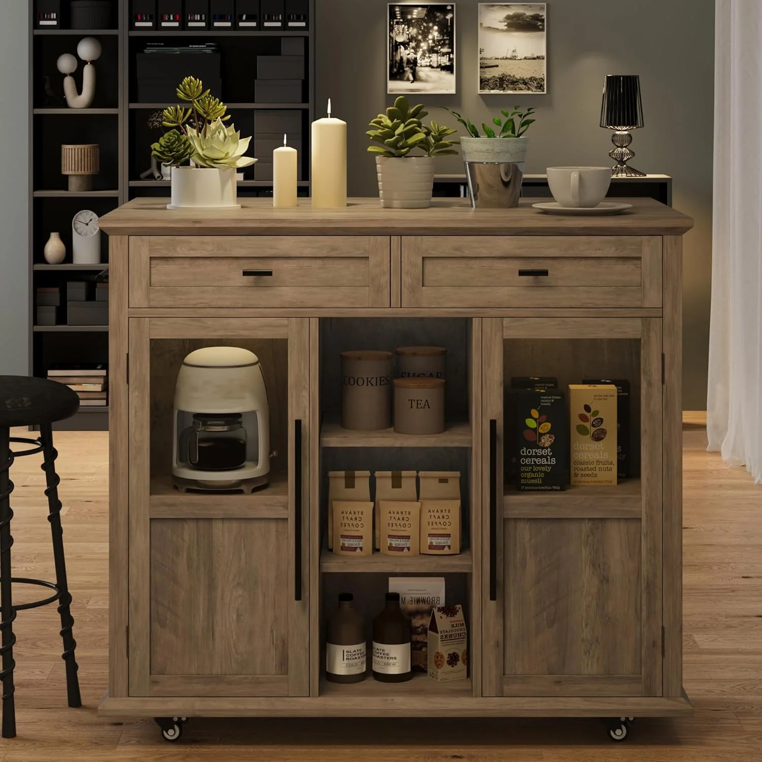 WALYWIK Foldable Kitchen Island Cart with Wheels, 2 Glass Doors, Spice Rack & Towel Holder �C Compact Mobile Storage Cart for Small Kitchens, Dining Rooms, Camping & RVs - Grey