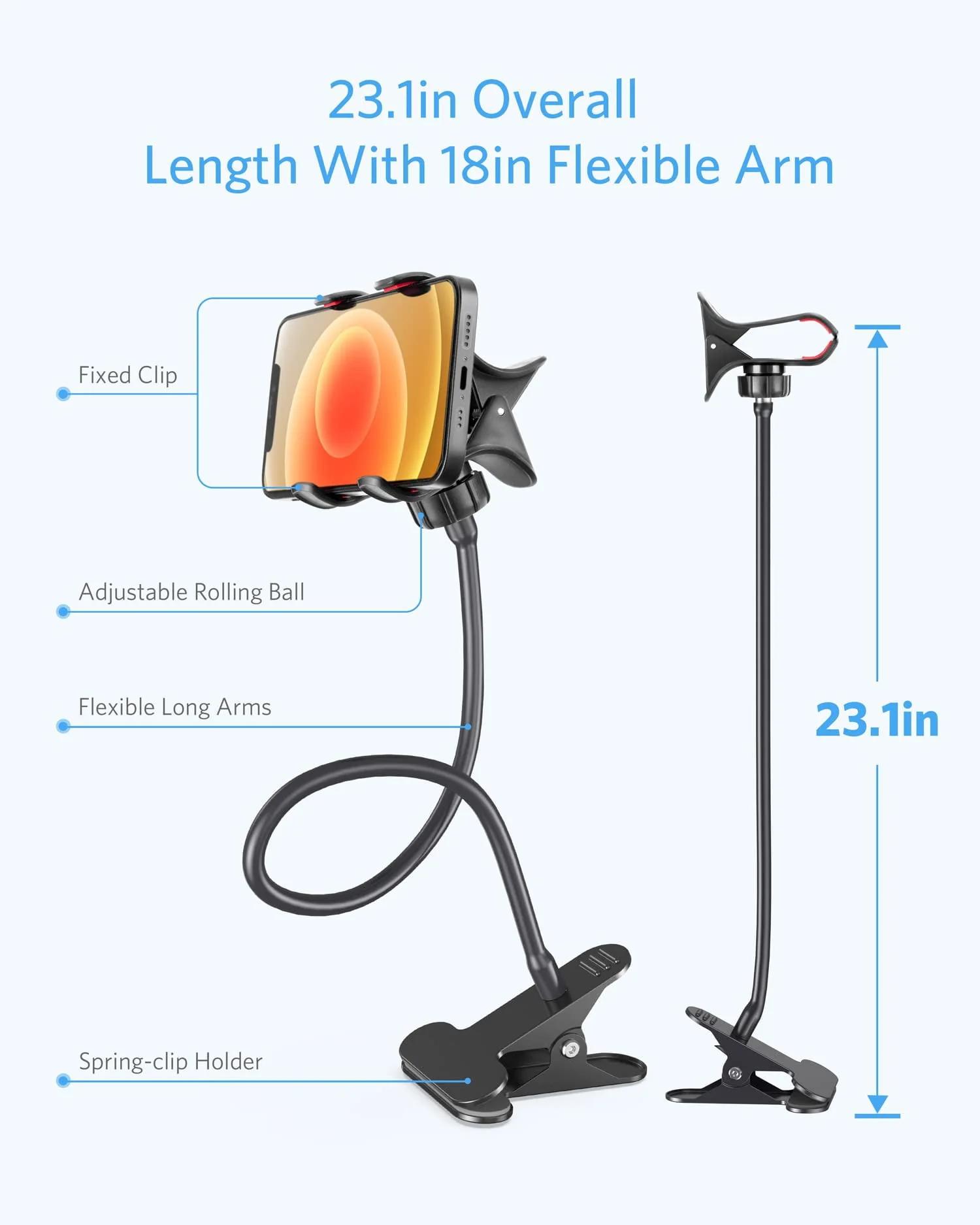Gooseneck Phone Holder Mount, BESTEK Flexible Smartphone Stand with Clip,360° Swivel for iPhone Bike Kitchen Desk,Black