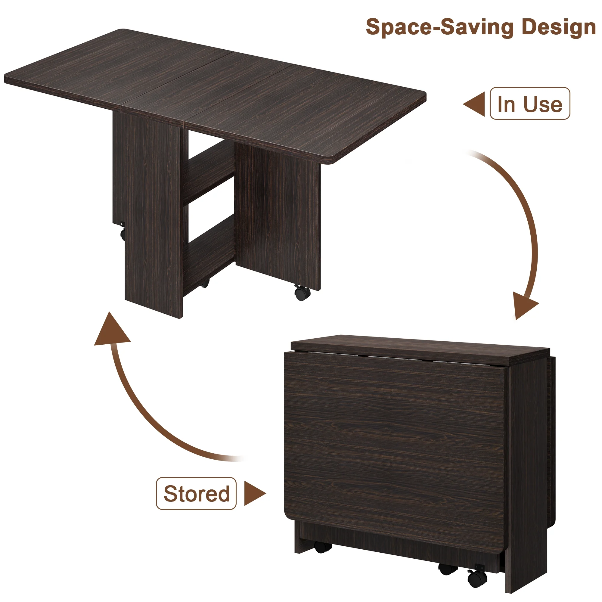 Danolapsi Folding Dining Table,Dinner Table with Wheels and 2-Layer Storage Shelf,Farmhouse Wood Kitchen Dining Room Tables Set for 4, Expandable Rectangle Dinner Kitchen Office Furniture