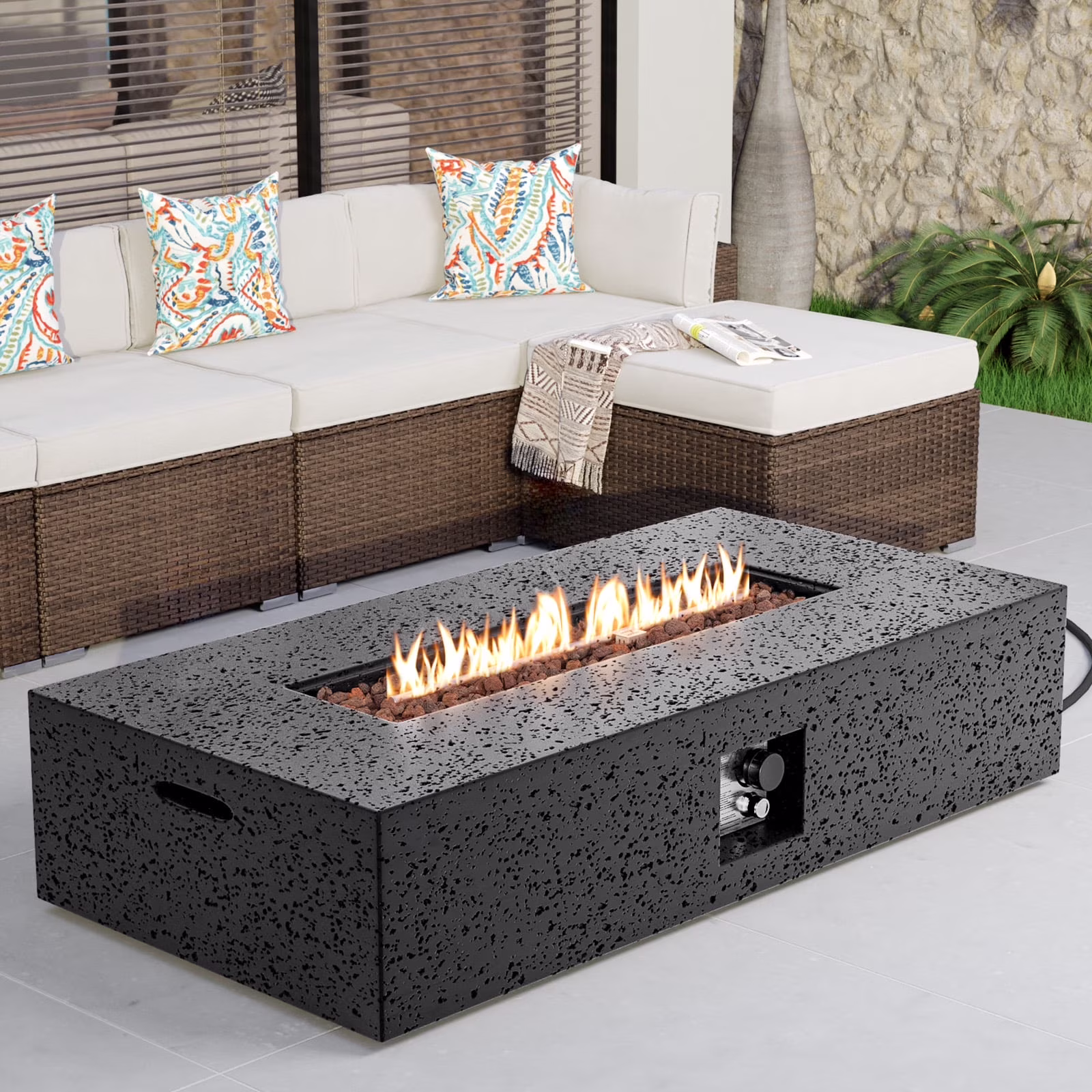 COSIEST 2-Piece Outdoor Rectangle Terrazzo White Propane Fire Table Set with Tank Cover Table