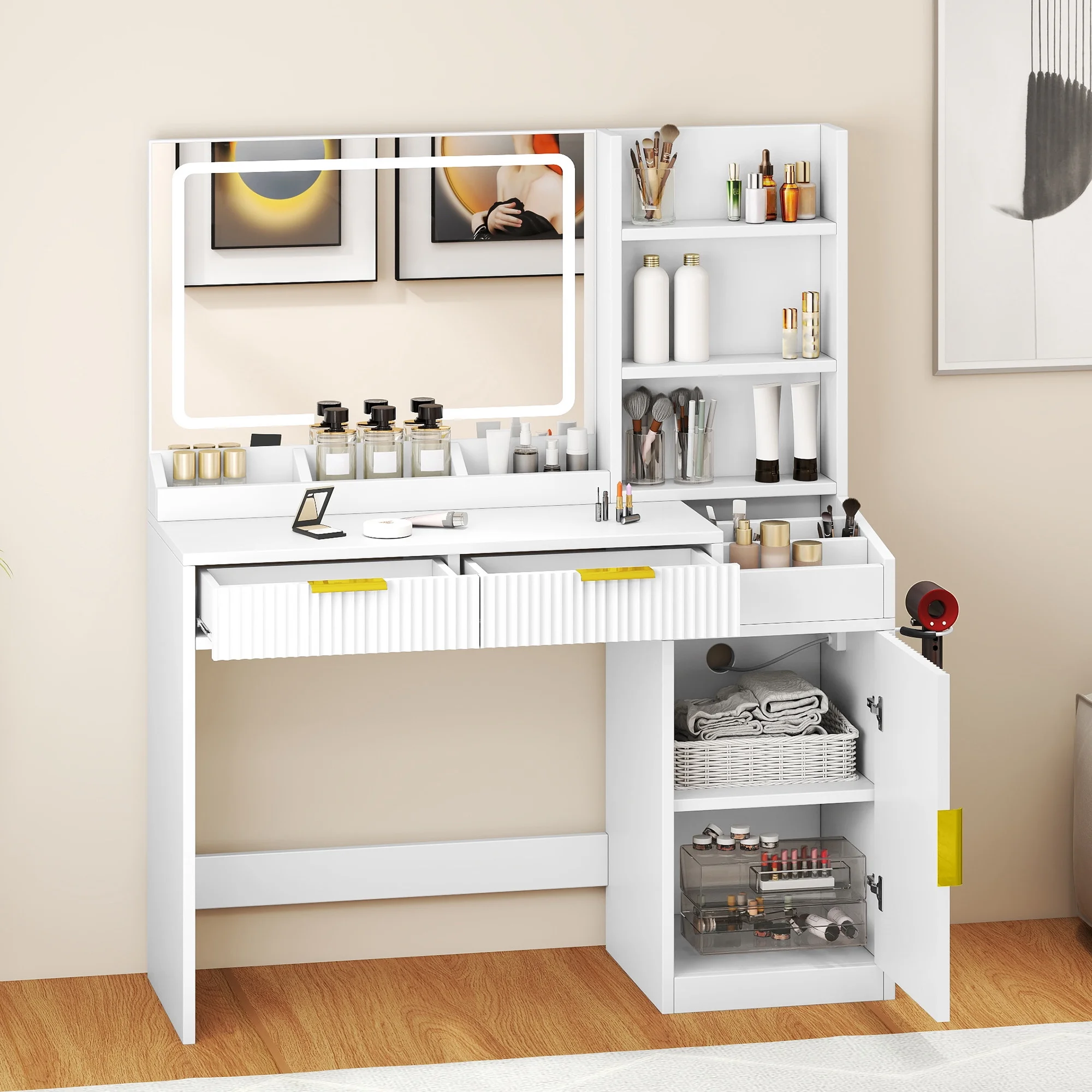 Craftian White Makeup Vanity Desk with Large Mirror and Lights, Dressing Table with 2 Storage Drawers & Power Outlets