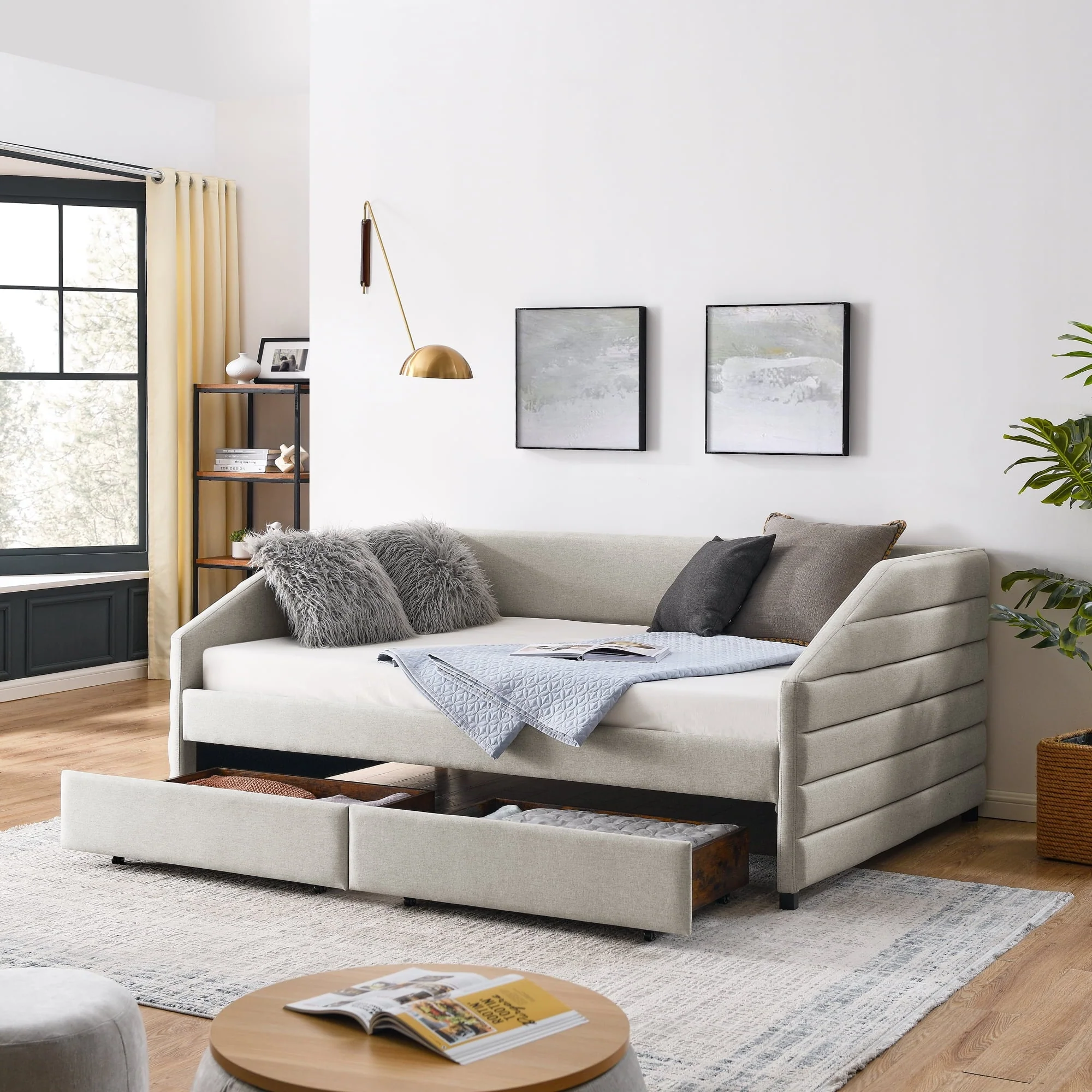 Full Size Daybed with Two Drawers,Upholstered Tufted Sofa Bed with Wood Slat Support,Modern Linen Daybed Frame for Living Room, Bedroom, Guest Room,Beige