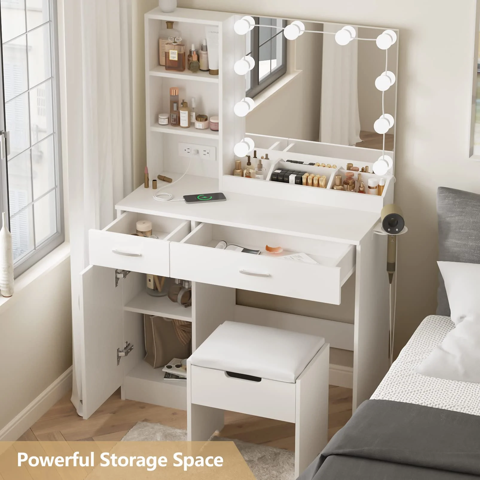 Veanerwood Makeup Vanity Desk with Lighted Mirror & Power Strip, Girls Dressing Table with Storage Shelves, White
