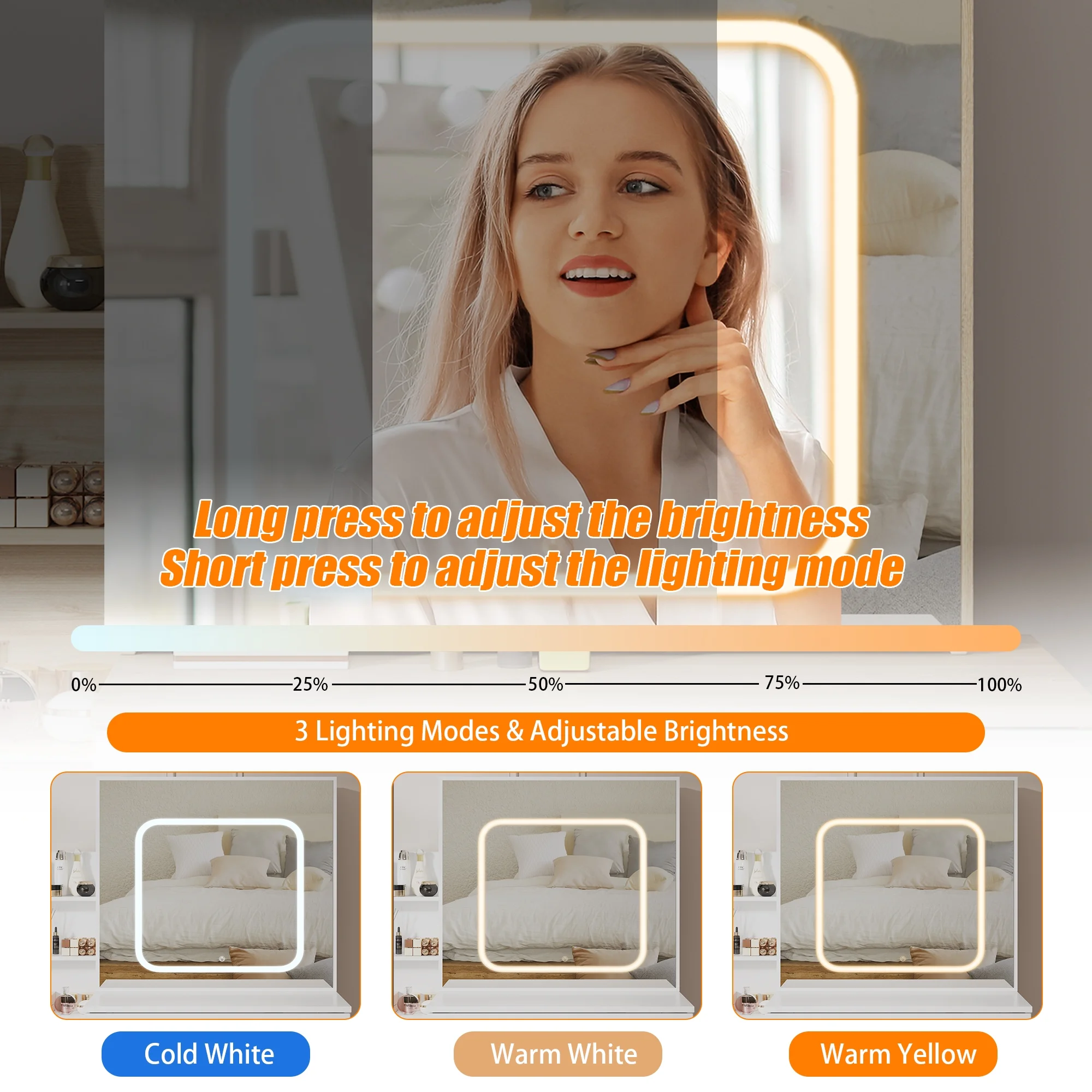 Vanity Desk with Sliding Mirror and Lights, Makeup Vanity Set with 4 Drawers, Stool, Power Outlet, Open Shelves, 3 Color Adjustable Lighting Modes, Makeup Dressing Table for Bedroom, White