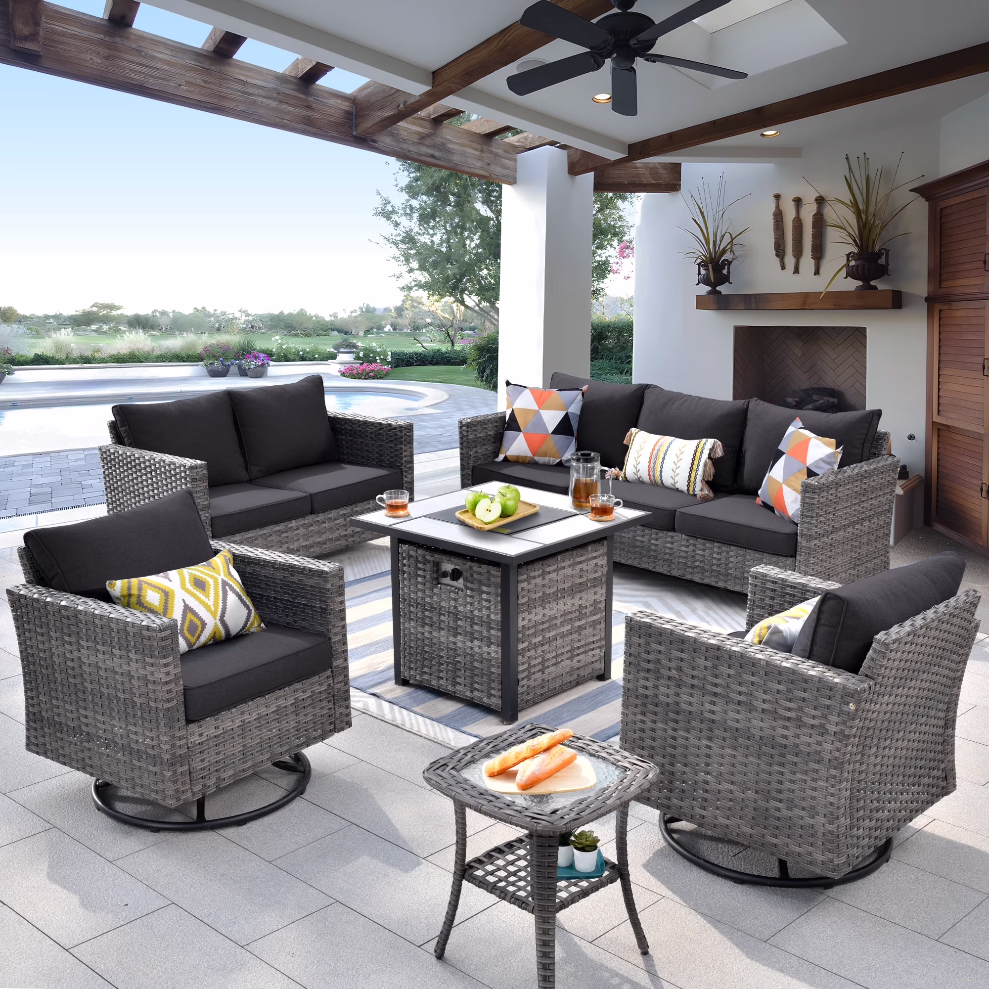 Ovios 6 Pieces Outdoor Patio Furniture Set with Gas Propane Fire Pit Table Wicker Outdoor Conversation Set with Swivel Rocking Chair for Backyard, Cushion Beige