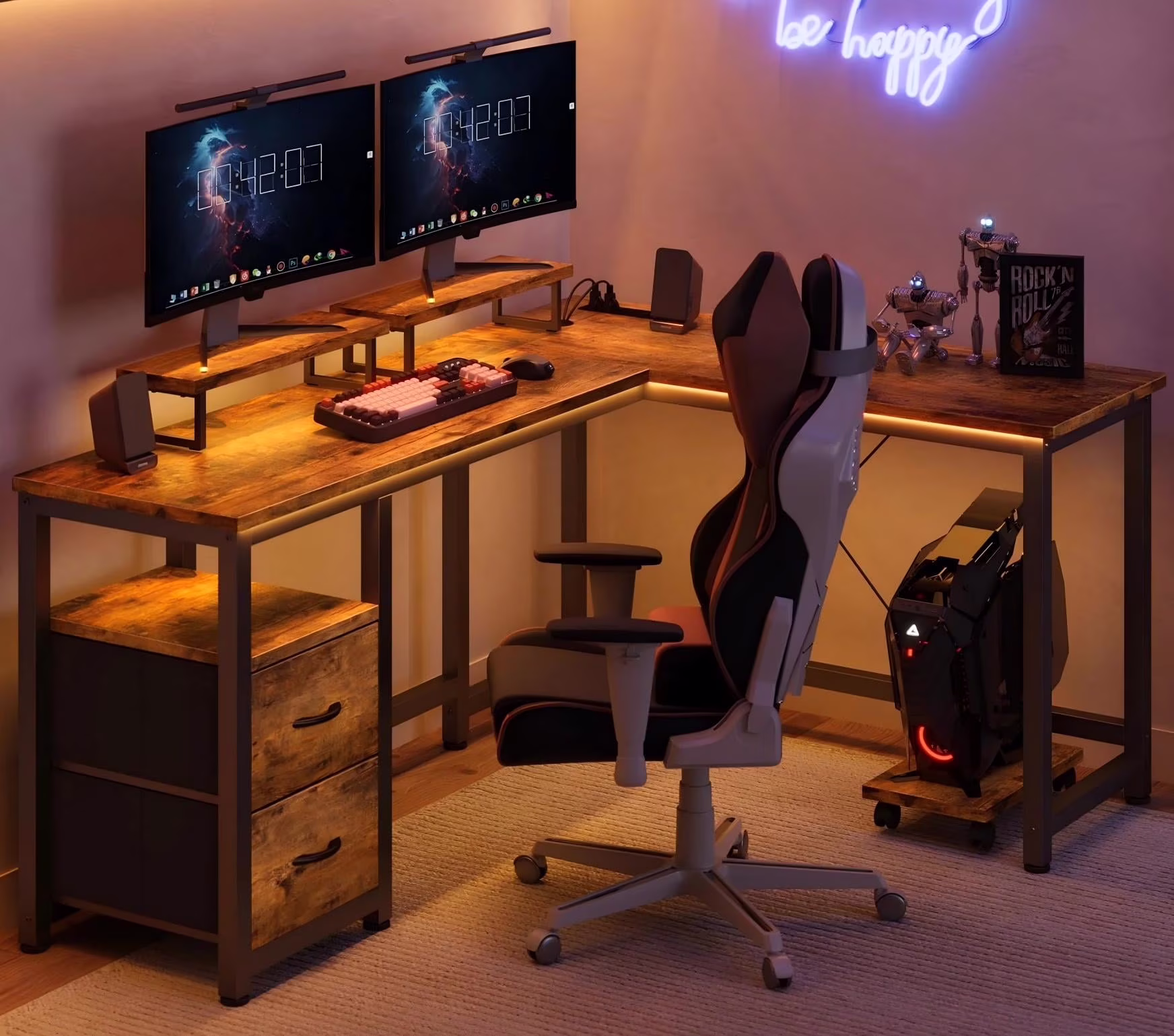 Lofka L Shaped Gaming Desk with Power Outlets, Computer Desk with Shelf and Drawers for Home /Office, Black