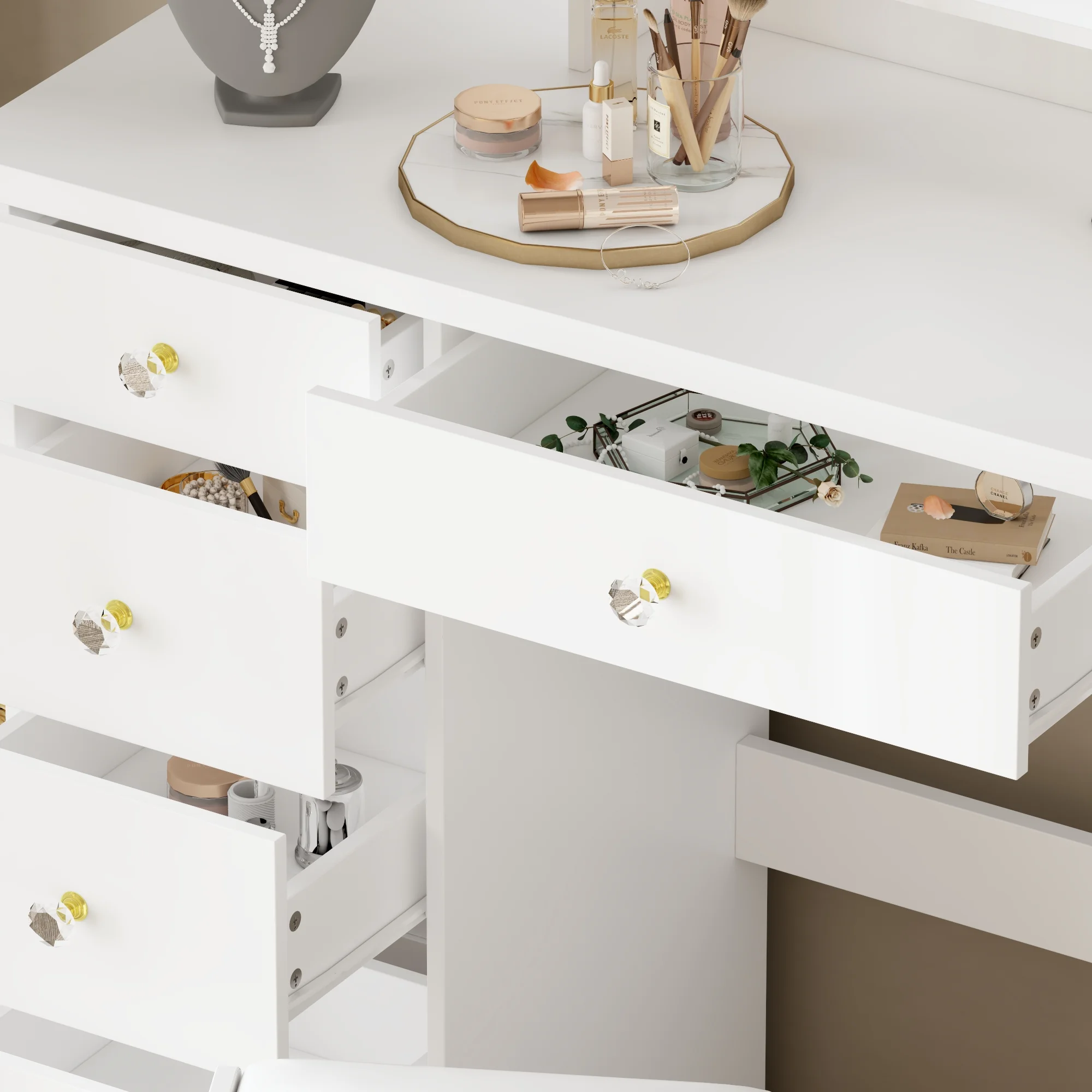 OXYLIFE Makeup Vanity Desk Table with Sliding LED Lighted Mirror, Cushion Stool, 4 Drawers and Shelves, White+Gray