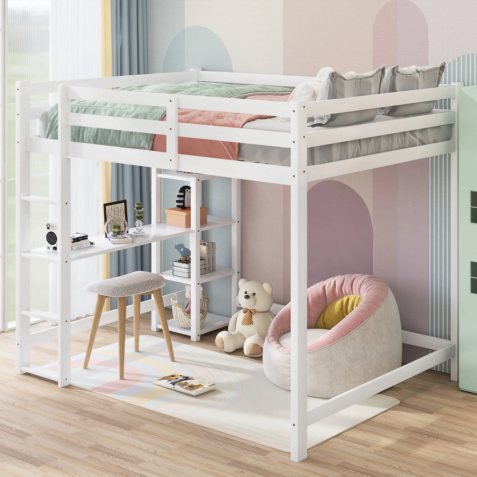 Euroco Full Size Loft Bed with Built-in Desk and Shelves, Gray
