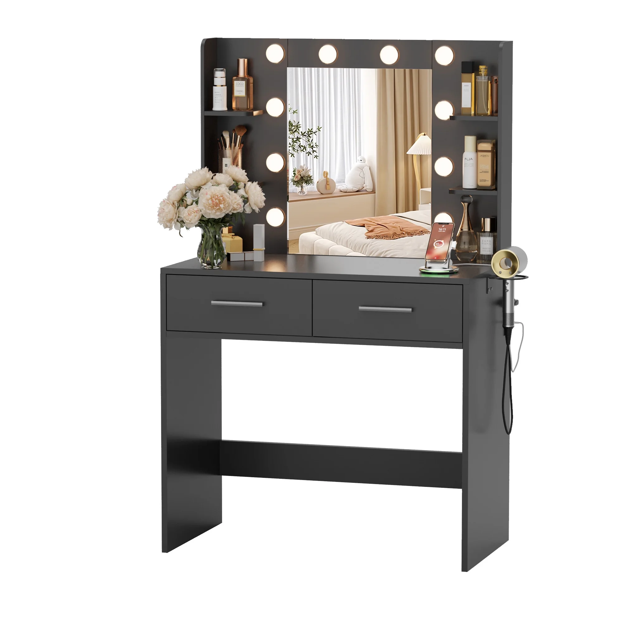 Furmax Makeup Vanity Table and Chair Set with 3 Modes Adjustable Lights and Mirror Vanity Desk with Shelves and Drawer, White
