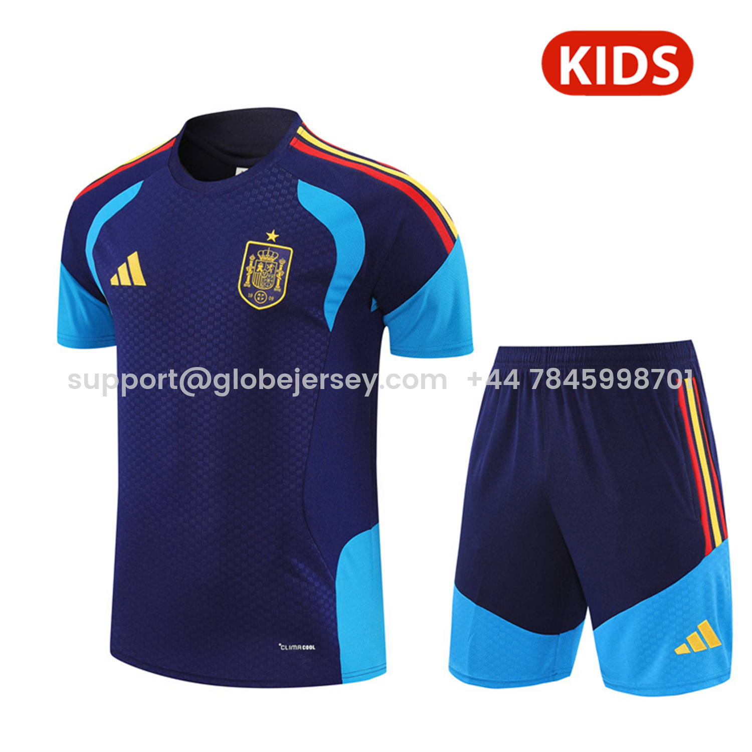 Spain 2026 Kids Short-Sleeve Training Set - Royal Blue Top & Shorts