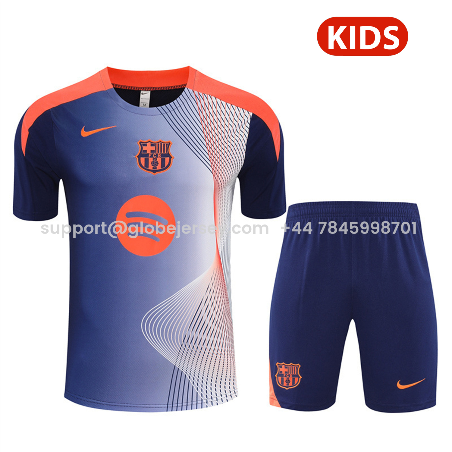 Barcelona 25-26 Kids Short-Sleeve Training Set - Red Blue Line Top & Blue Shorts