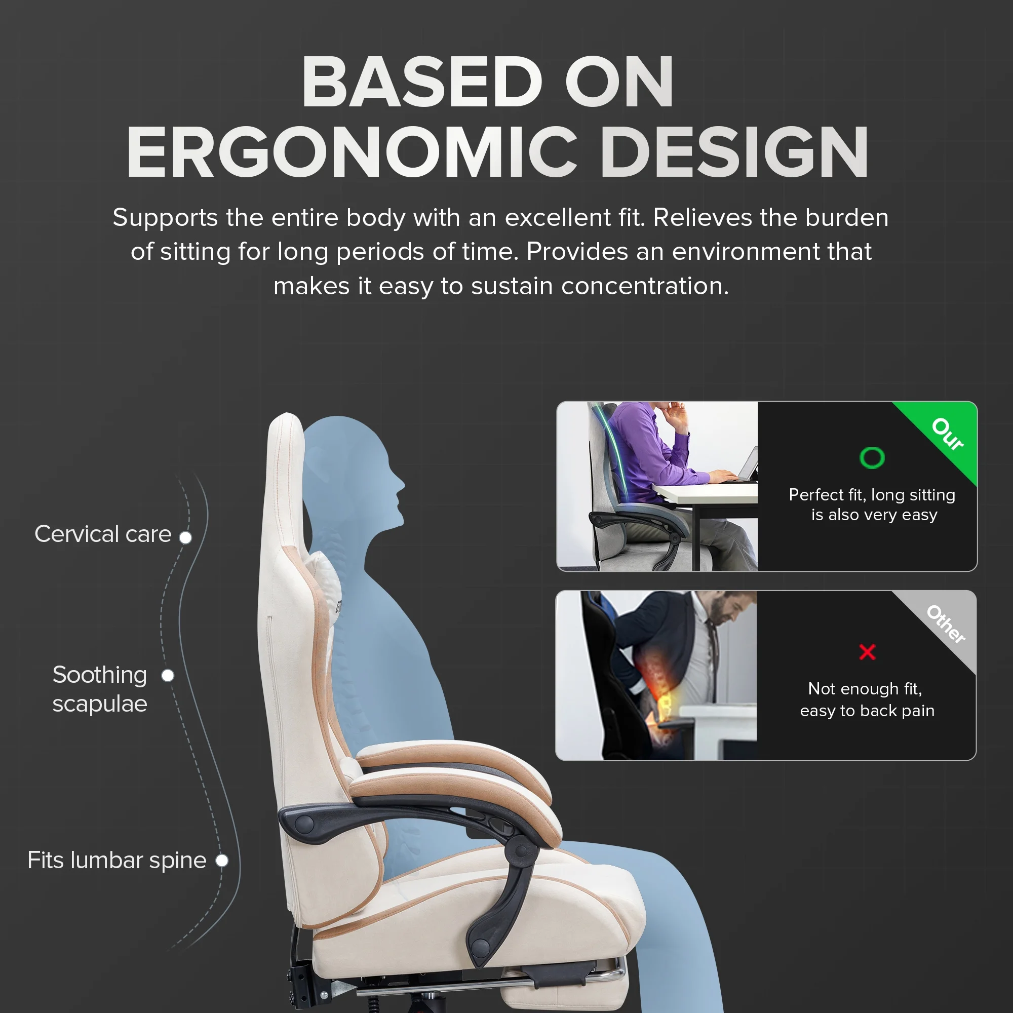 GTRACING GTW-300 Ergonomic Adjustable Height Reclining Fabric Gaming Chair , Cream/Brown