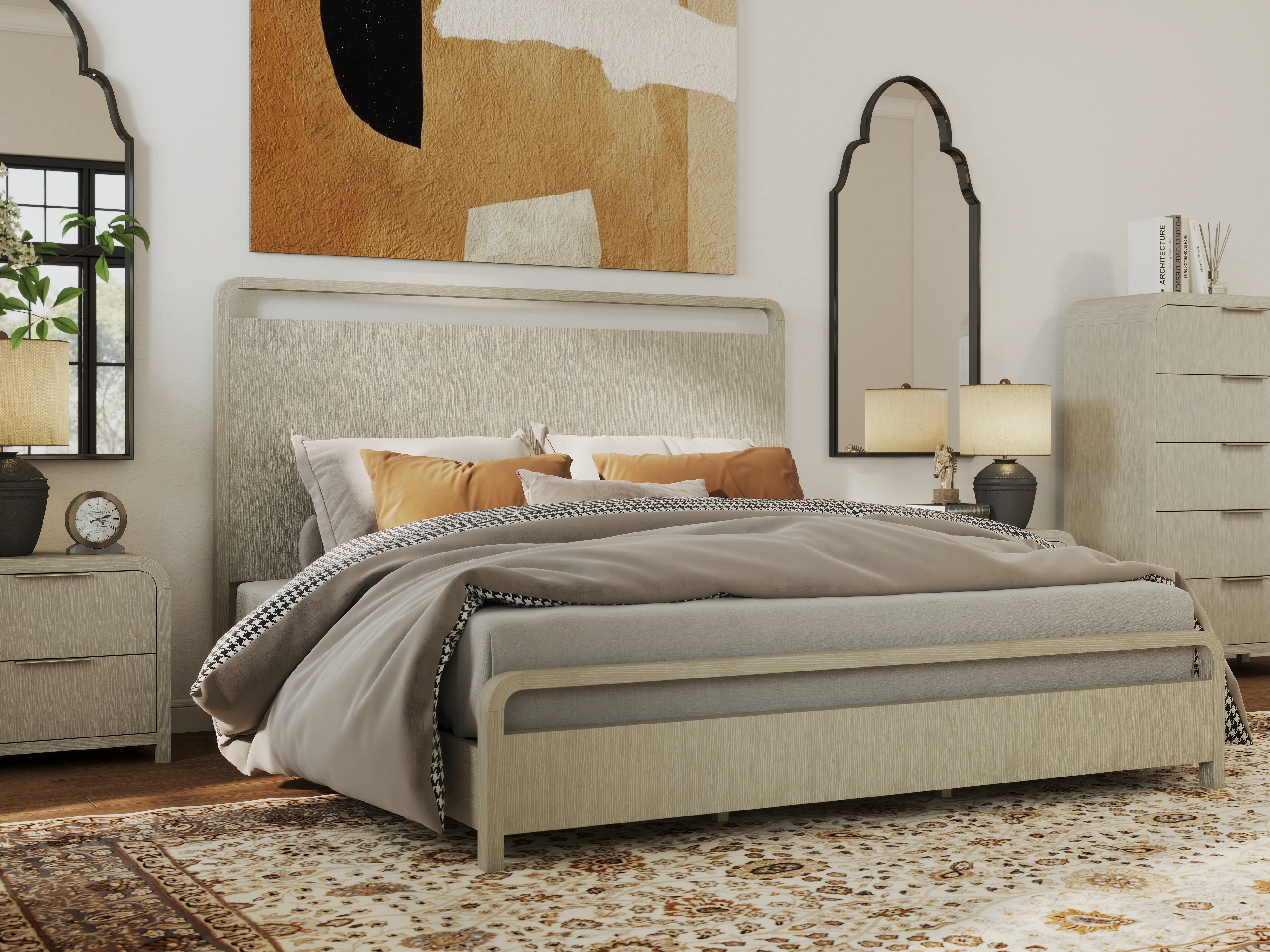 Roundhill Furniture Tavari 6-Piece Bedroom Set with Panel Bed, Dresser, Mirror, Two Nightstands, and Chest in Light Gray, King Size