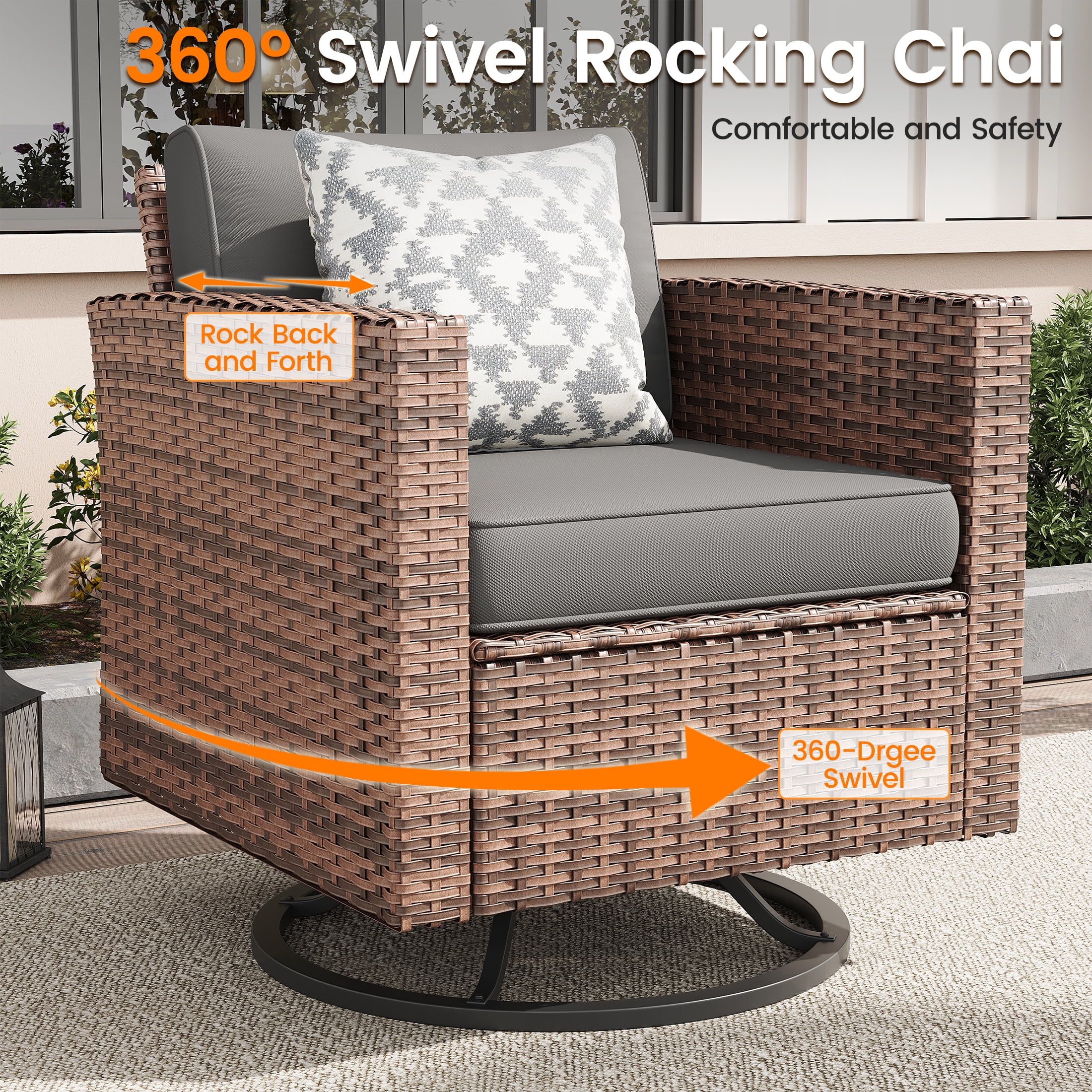 Poteban Outdoor Patio Furniture Set, Rocking Swivel Chair, 9 Pieces Wicker Rattan Sectional Furniture for Backyard (Grey)