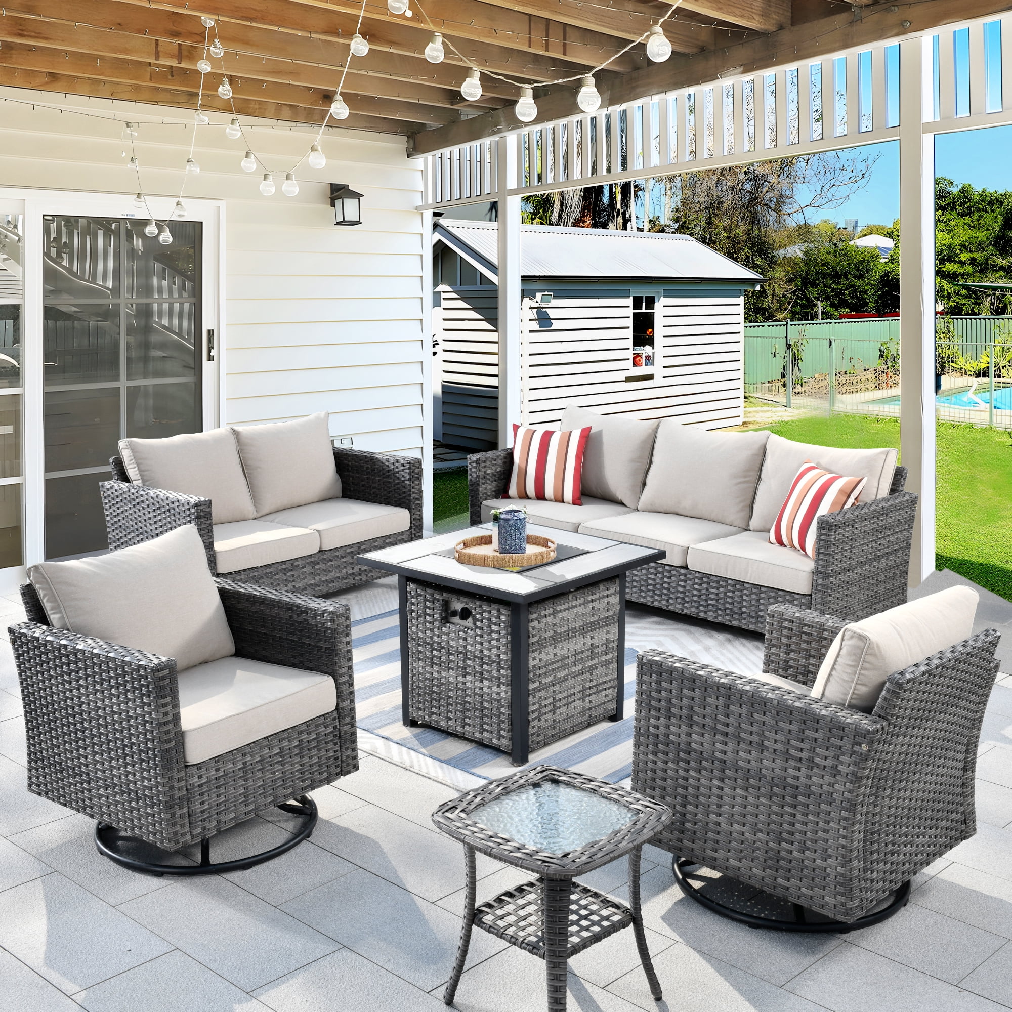 Ovios 6 Pieces Outdoor Patio Furniture Set with Gas Propane Fire Pit Table Wicker Outdoor Conversation Set with Swivel Rocking Chair for Backyard, Cushion Beige