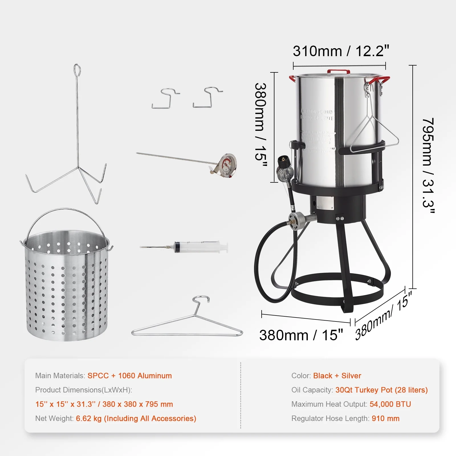KFFKFF Deep Fryer for Turkey, Set of 30-qt Boiler Steamer Cooker, Outdoor Aluminum Pot for Seafood Frying, Propane Gas Boiler with 54,000 BTU Burner, Comes with Basket, Poultry Rack